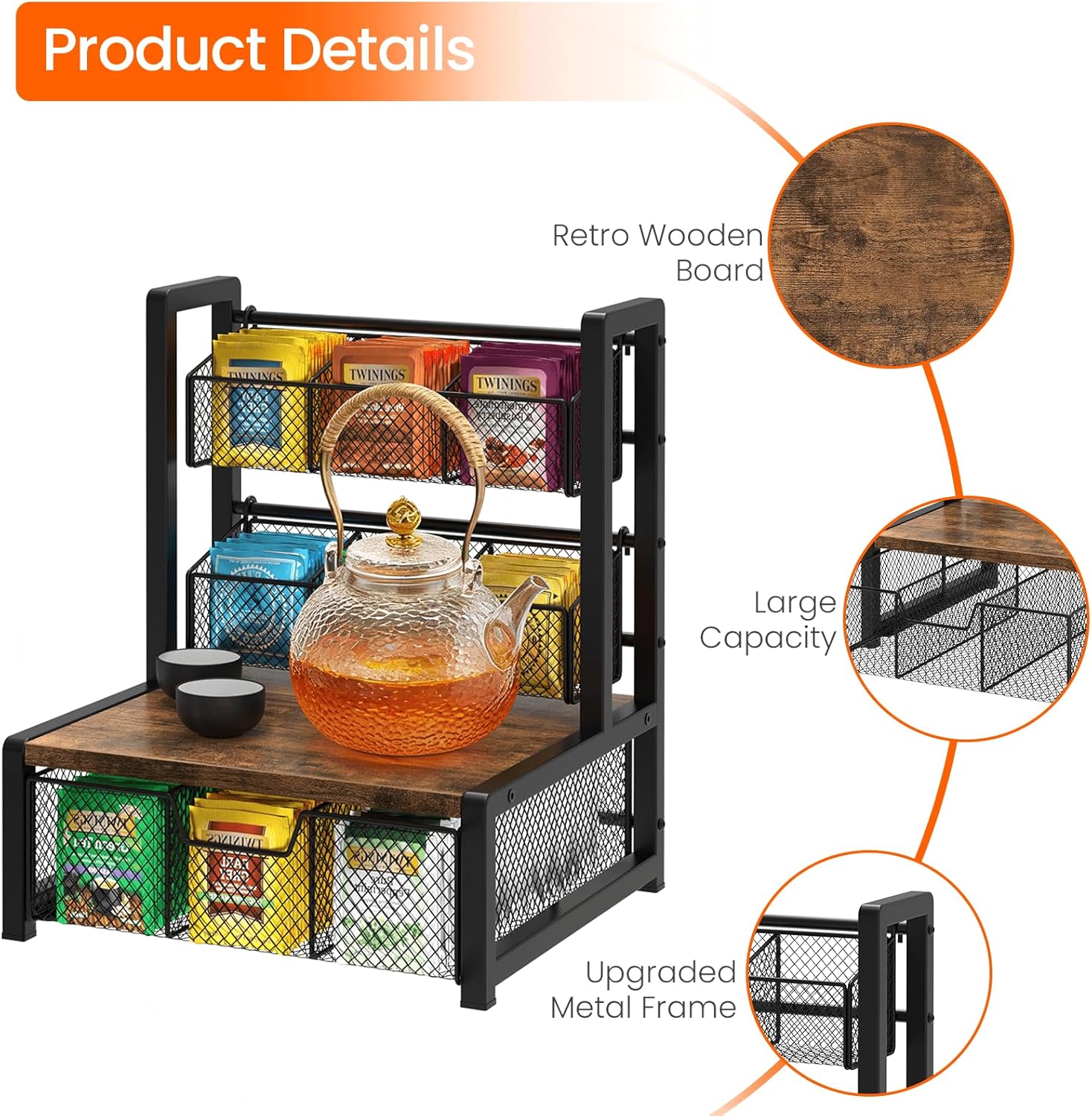Homode Tea Bag Organizer, 3 Tier Tea Storage Container Box, Wood Tea Station Caddy, Teabag Holder Stand with Drawer Basket, Large Tea Chest Display Rack for Countertop Cabinet Office, Rustic Brown