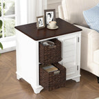Virubi Farmhouse End Table with Two Handwoven Grass Baskets, American Style Side Table with Shutter Style Storage Cabinet for Living Room (White)