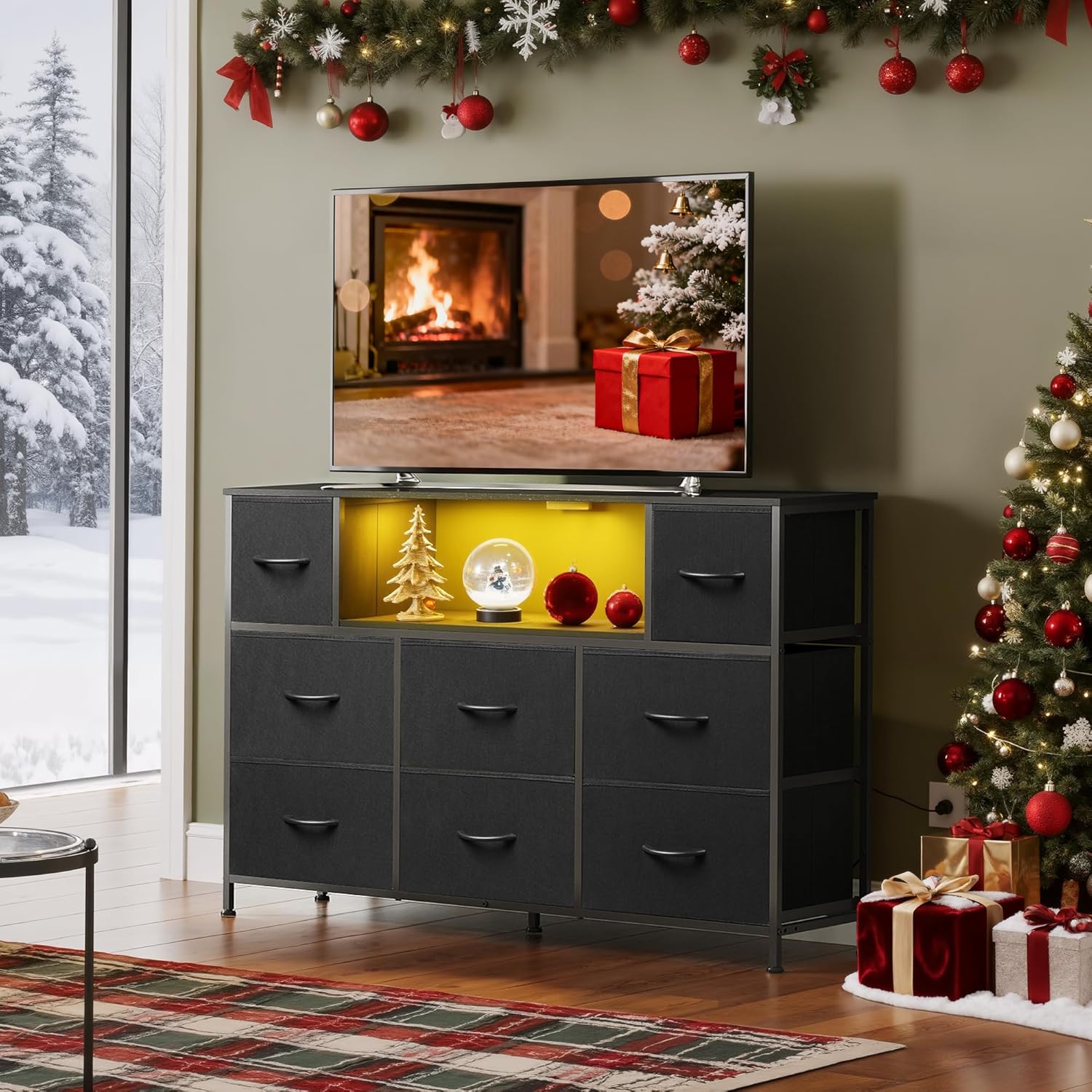WLIVE LED Dresser TV Stand for 55 Inch TV, 8 Drawers, Black | Fits TVs up to 55 inch, 8 fabric drawers, LED chest of drawers, Built-in power outlet, Living room or bedroom