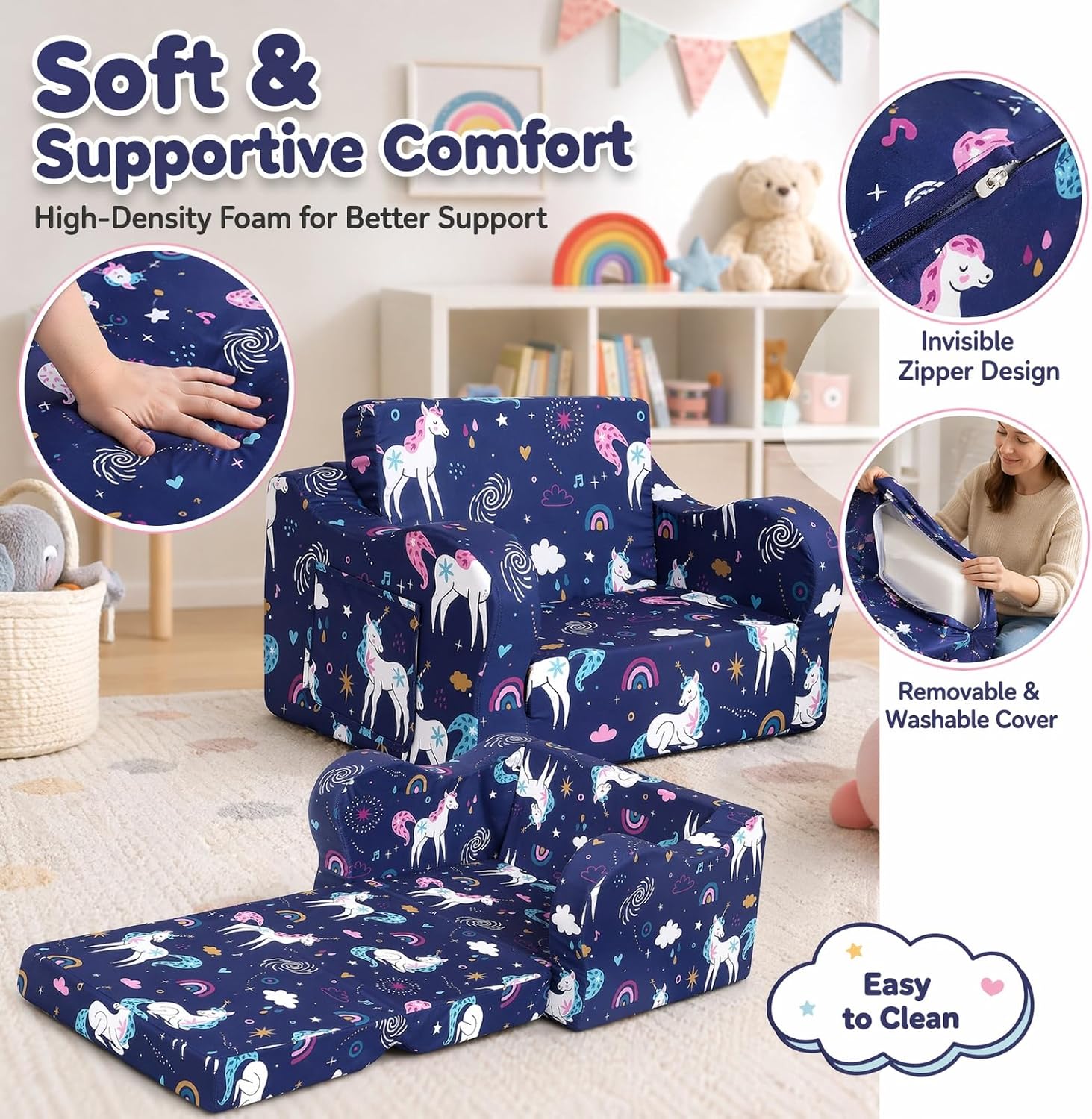 MOMCAYWEX Kids Sofa, 2-in-1 Flip-Out Foam Couch, Foldable Soft Play Lounge Chair, Light Purple