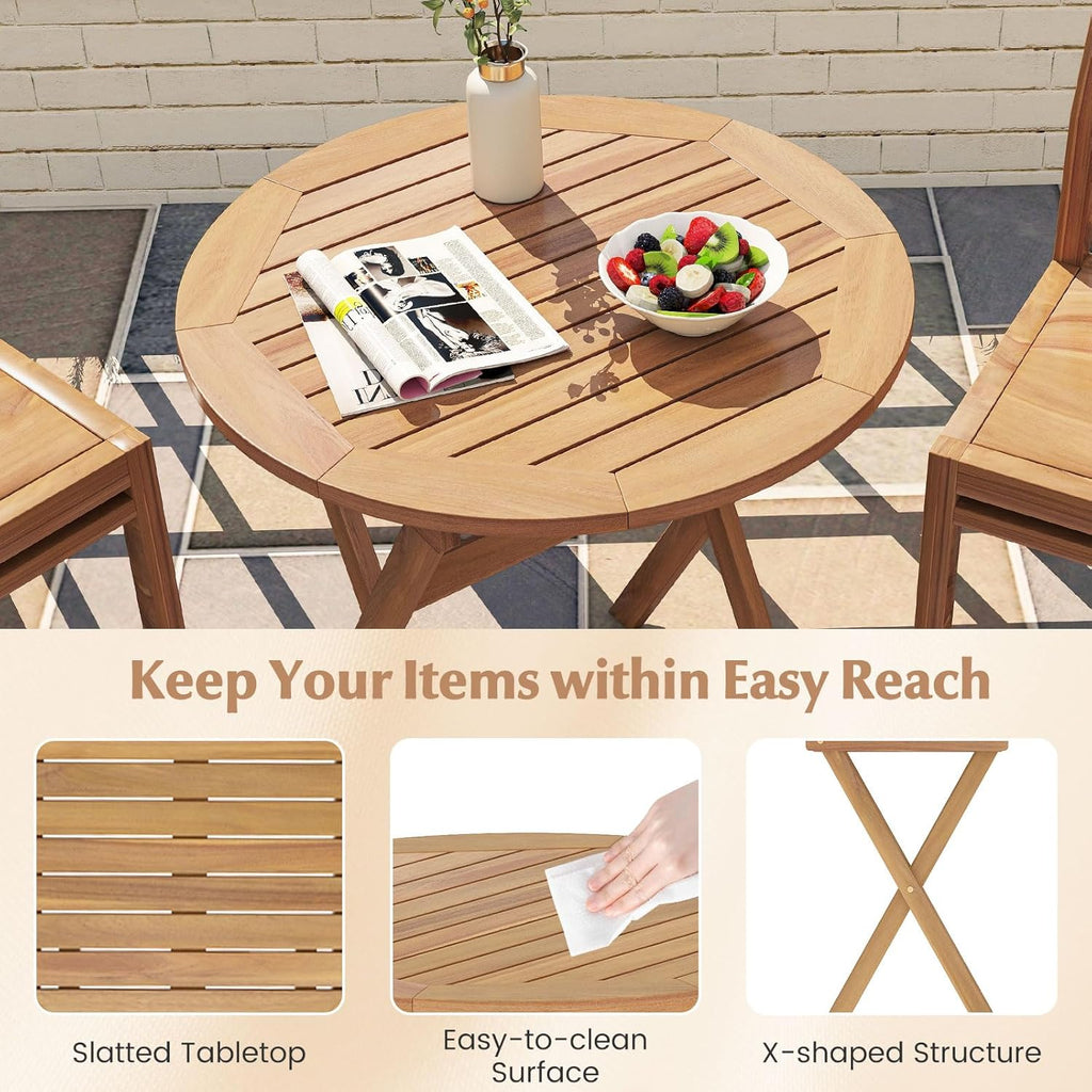 Tangkula 26-Inch Acacia Wood Outdoor Dining Table, Folding Round Patio Bistro Table with Slatted Tabletop & X-Shaped Frame, Outside Dining Table for Porch, Garden, Backyard, Poolside