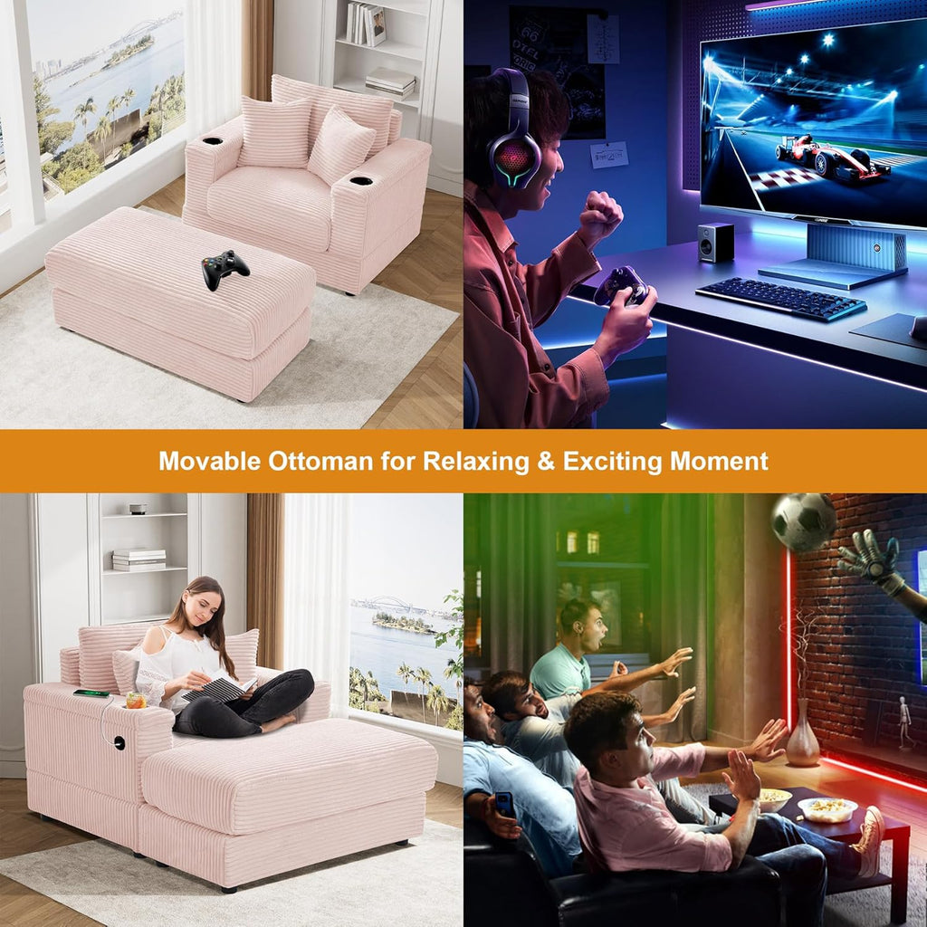 Oversized Chaise Lounge Chair Indoor with Adjustable Backrest, USB, Cup Holder & Ottoman, Firm Solid Wood Frame with Long Service Life Plush Corduroy Oversized Reading Chair for Study Room - Pink