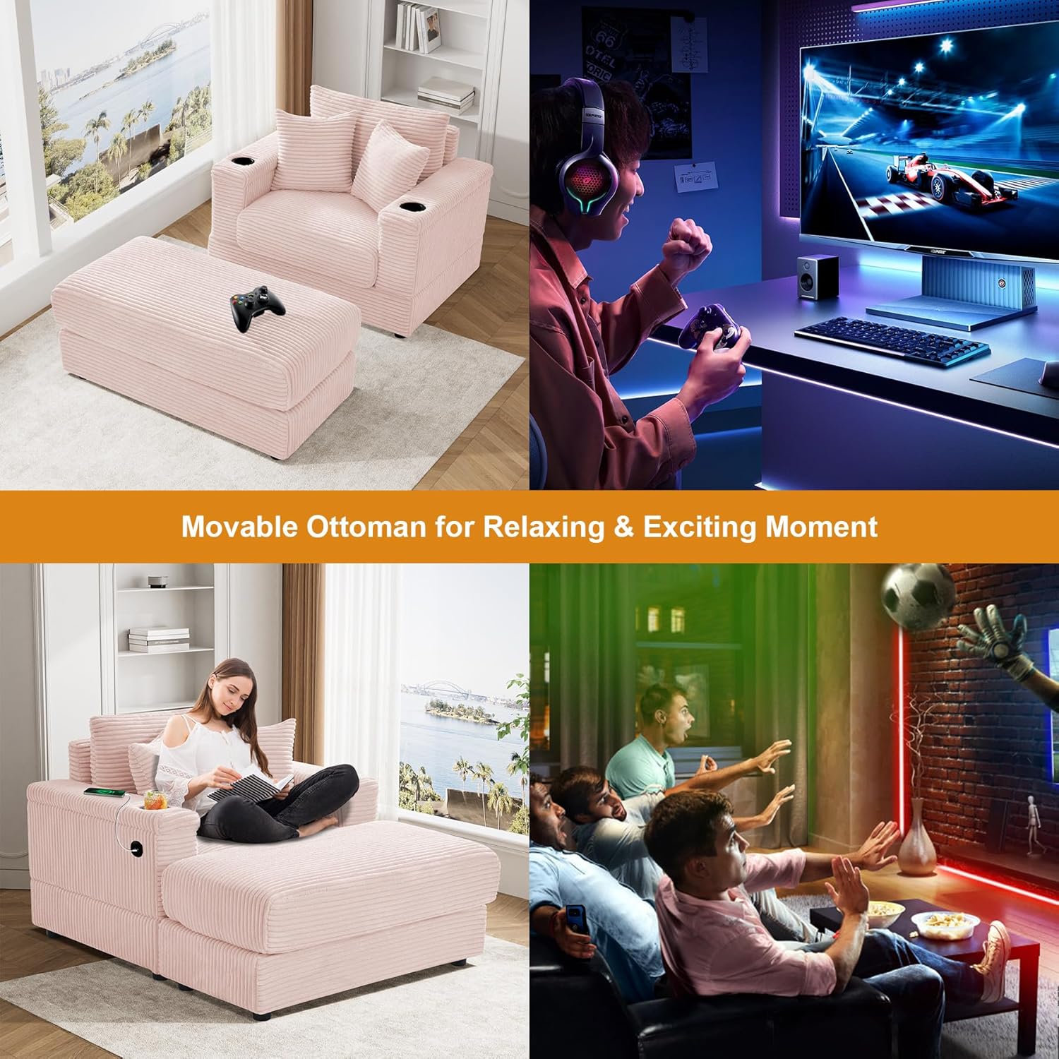 Oversized Chaise Lounge Chair Indoor with Adjustable Backrest, USB, Cup Holder & Ottoman, Firm Solid Wood Frame with Long Service Life Plush Corduroy Oversized Reading Chair for Study Room - Pink