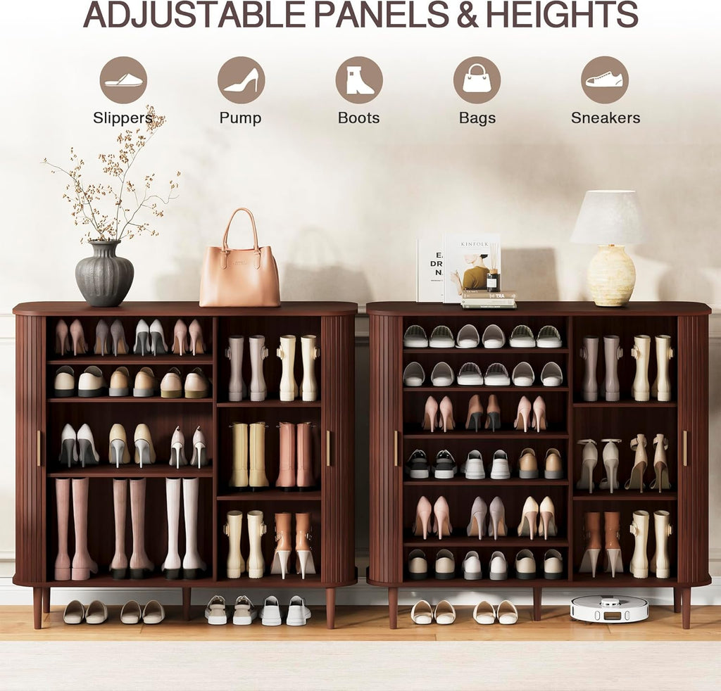 DHH Shoe Storage Cabinet with Sliding Door, 6-Tier Shoe Cabinet with Adjustable Shelves, Modern Freestanding Shoe Storage Organizer for Entryway, Hallway, Living Room (Walnut, 47 ")