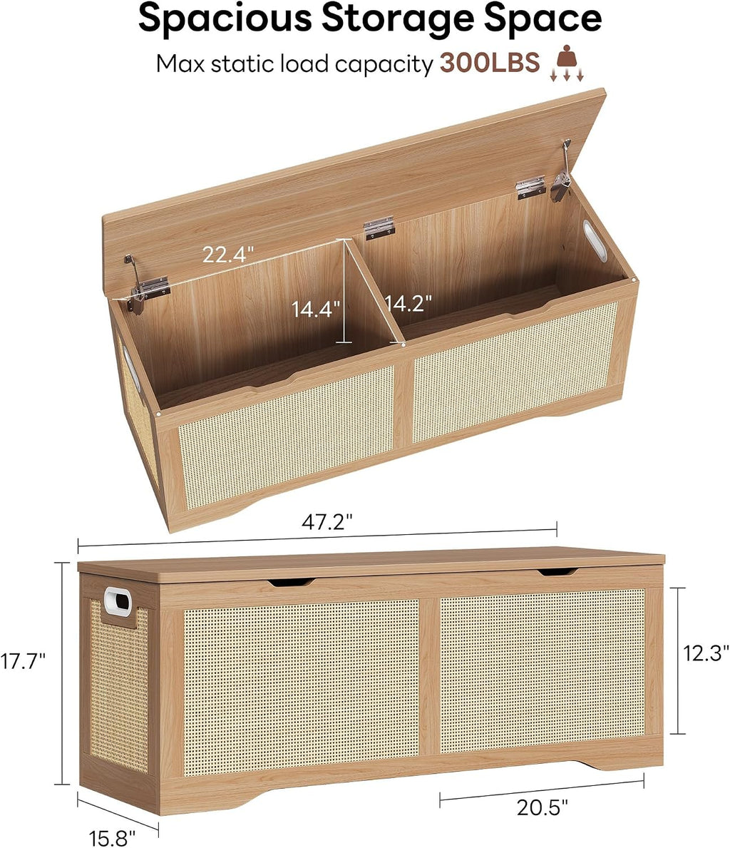 LIKIMIO 47.2" Rattan Storage Ottoman Bench Chest, End of Bed Bench, Storage Chest, Extra Large Entryway Trunk Toy Box for Bedroom, Living Room, Rustic Wood