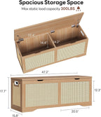 LIKIMIO 47.2" Rattan Storage Ottoman Bench Chest, End of Bed Bench, Storage Chest, Extra Large Entryway Trunk Toy Box for Bedroom, Living Room, Rustic Wood