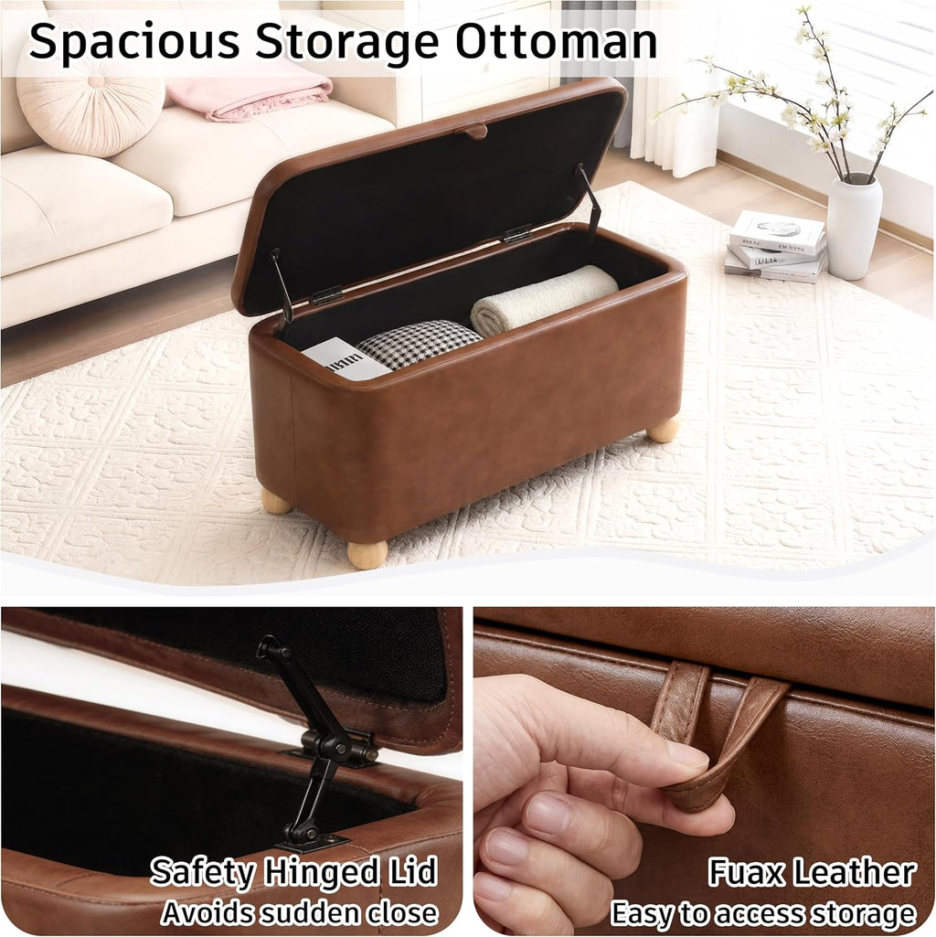 Homebeez 40 inch Storage Ottoman Bench, Faux Leather Upholstered Foot Rest Stool for Bedroom, End of Bed Bench for Living Room, Entryway (Vintage Brown)