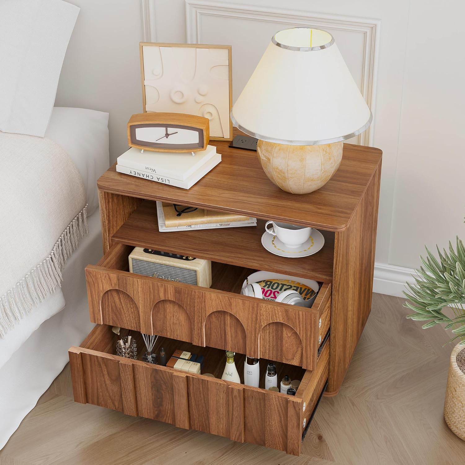 FurSch Mid Century Modern End Table with Charging Station Set of 2, 23.62” Wide Wood End Table & Nightstand with Arch Design Panel and Curved Edge for Living Room, Bedroom (Walnut-2 pcs)