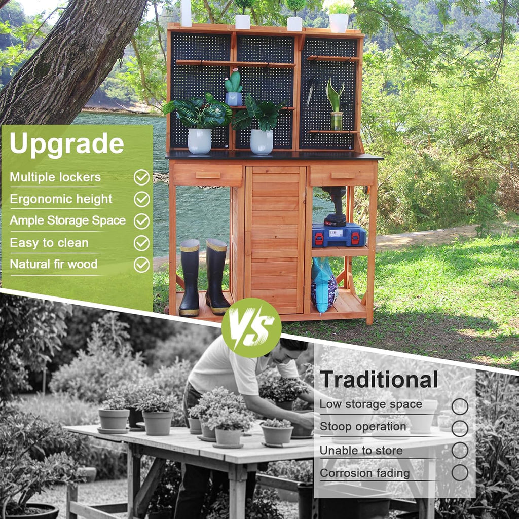 Outdoor Potting Bench, Black, 44 * 20 * 63in | Wooden with Metal Tabletop, Drawer Included, Matching Storage Cabinet, Shelf/Hooks Included