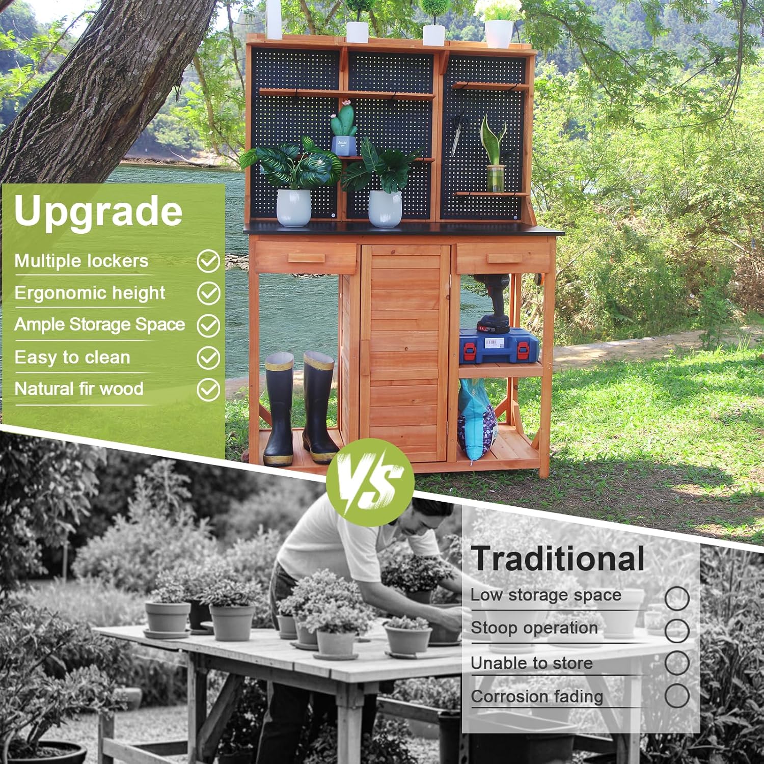Outdoor Potting Bench, Black, 44 * 20 * 63in | Wooden with Metal Tabletop, Drawer Included, Matching Storage Cabinet, Shelf/Hooks Included