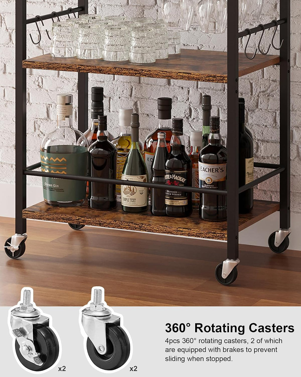 TUTOTAK Bar Cart, Home Bar Serving Cart with 3-Tier Shelf, Drink Cart with Wine Rack, Glass Holder, Rolling bar carts for the Home, Living Room, Brown BC01BB035
