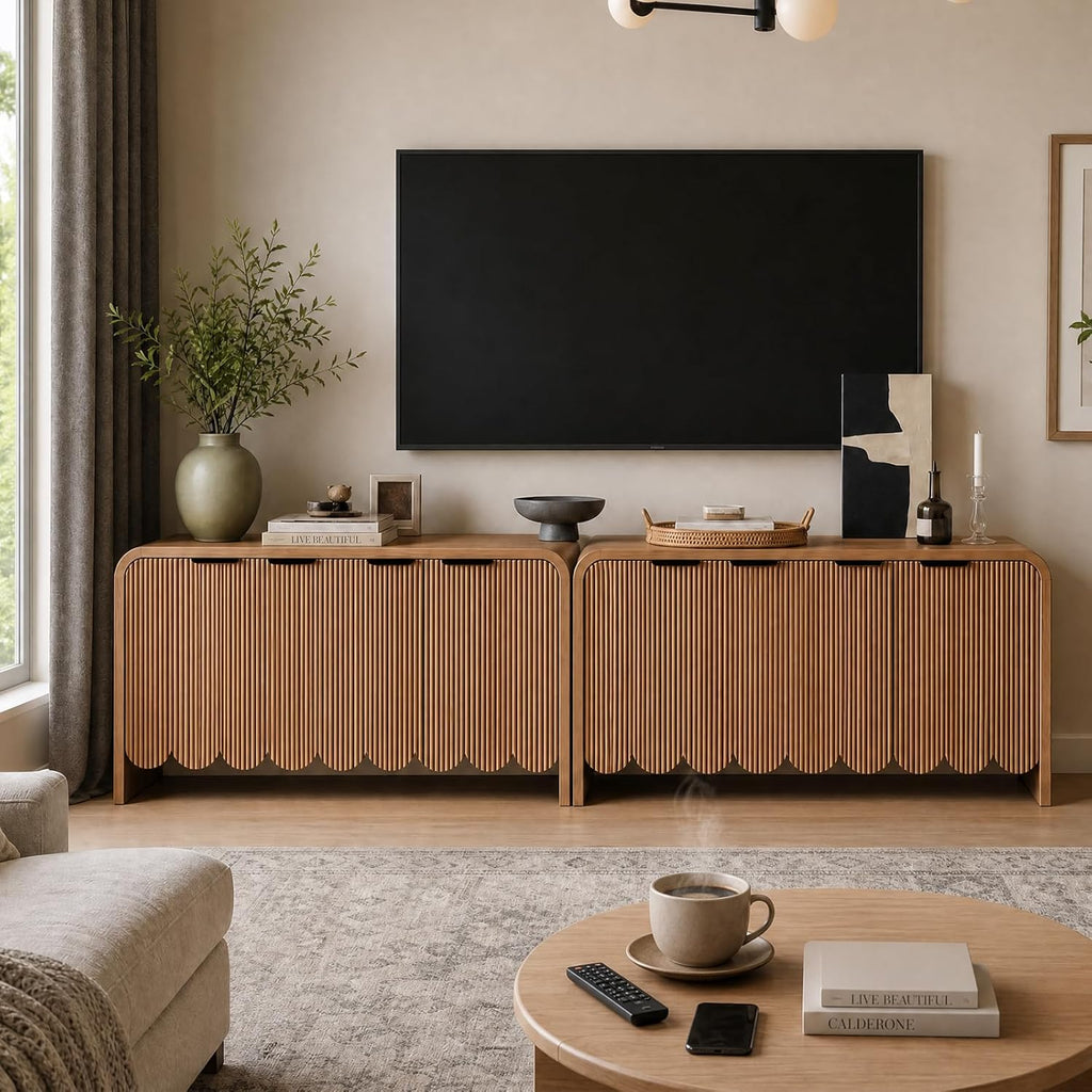 Walnut Sideboard Buffet Cabinet, Wood Storage Credeza with 4 Doors and Adjustable Shelves, Mid-Century Console Cabinet for Living Room, Kitchen, Hallway, Entrway (Walnut)