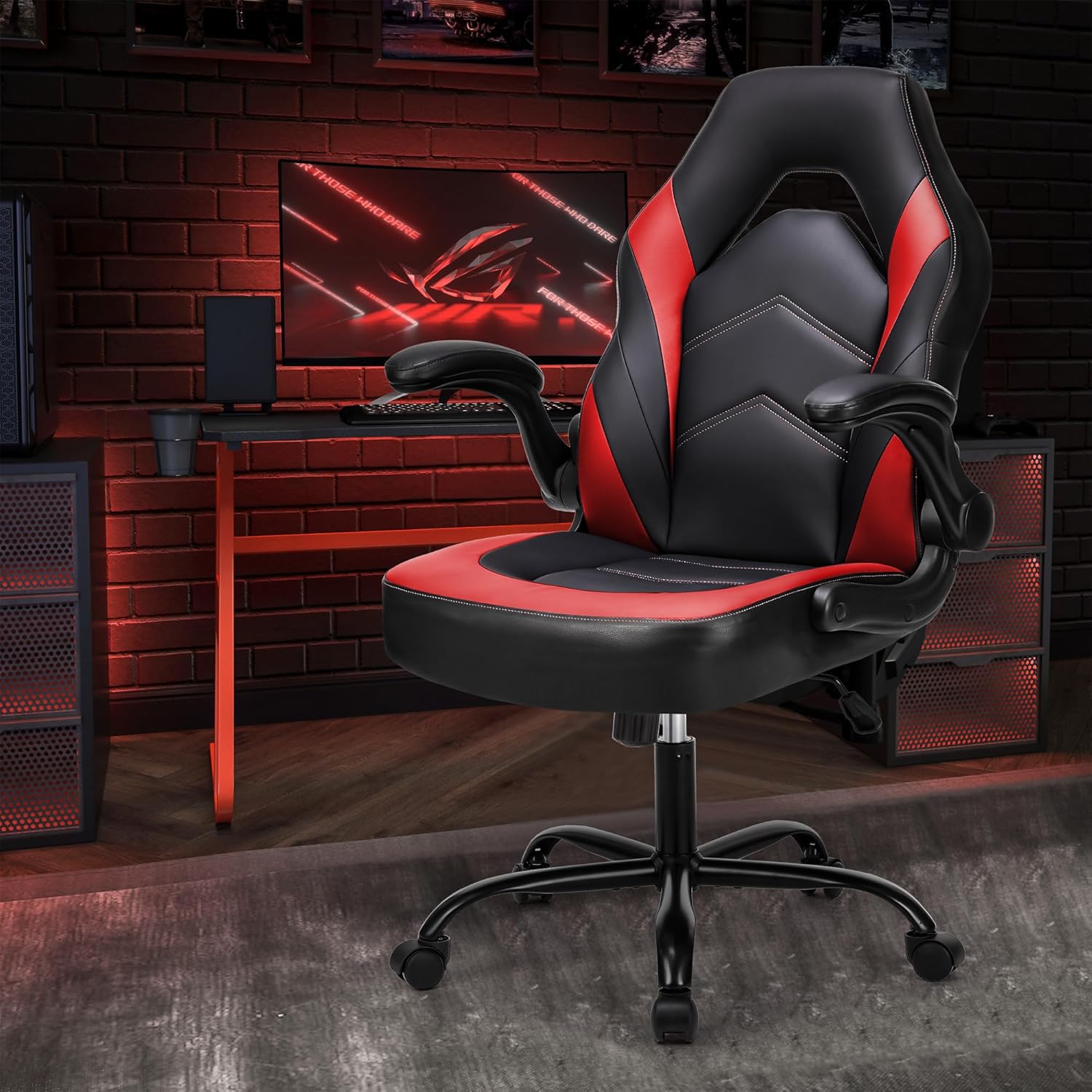 OLIXIS Computer Gaming Desk Chair - Ergonomic Video Game with Comfy Lumbar Support and headrest, PU Leather with Flip-up Arms, Adjustable Height and Swivel Wheels, for Adults, Black and Red