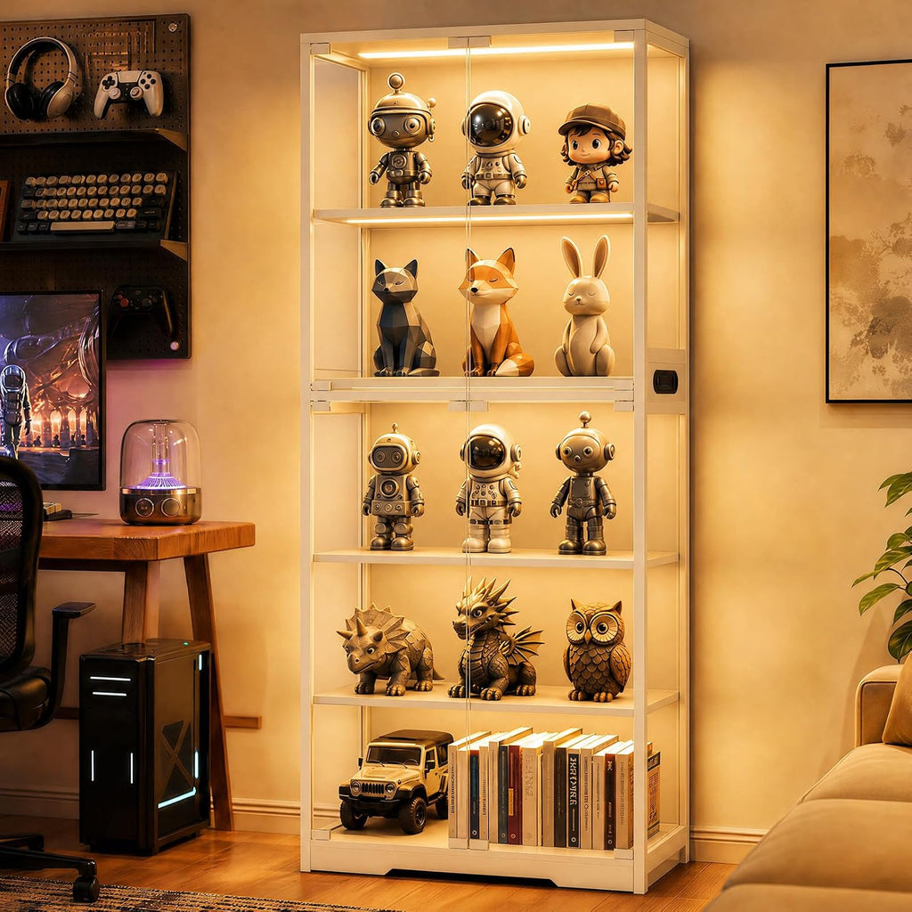 Display Cabinet with Glass Doors, 5-Tier 65" Glass Display Cabinet with LED 3-Color Lights & Human Body Sensor, Curio Cabinet with Textured Wood Shelves for Collectibles (Warm White Iron Frame