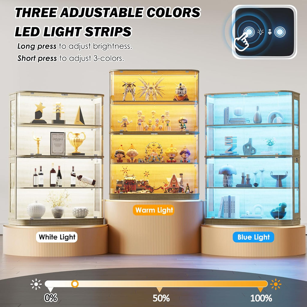 PAKASEPT 47.2" Large Rounded Display Cabinet with Glass Doors, 4-Tier Curio Cabinet Storage Case with LED Lights & Press-to-Open Doors, Modern Display Shelf for Collectible,Human Body Sensor, Natural