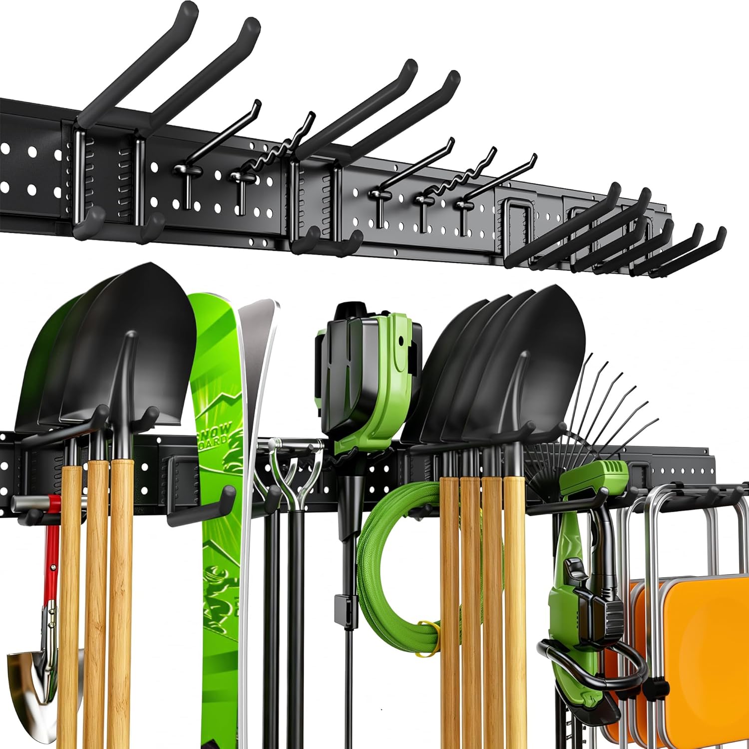 Garage Tool Organizer Wall Mount, 49.5 Inch Heavy Duty Garage Organization System with 10 Adjustable Hooks, Garden Tool Storage Rack for Garage, Yard & Shed, Holds Up to 400 lbs
