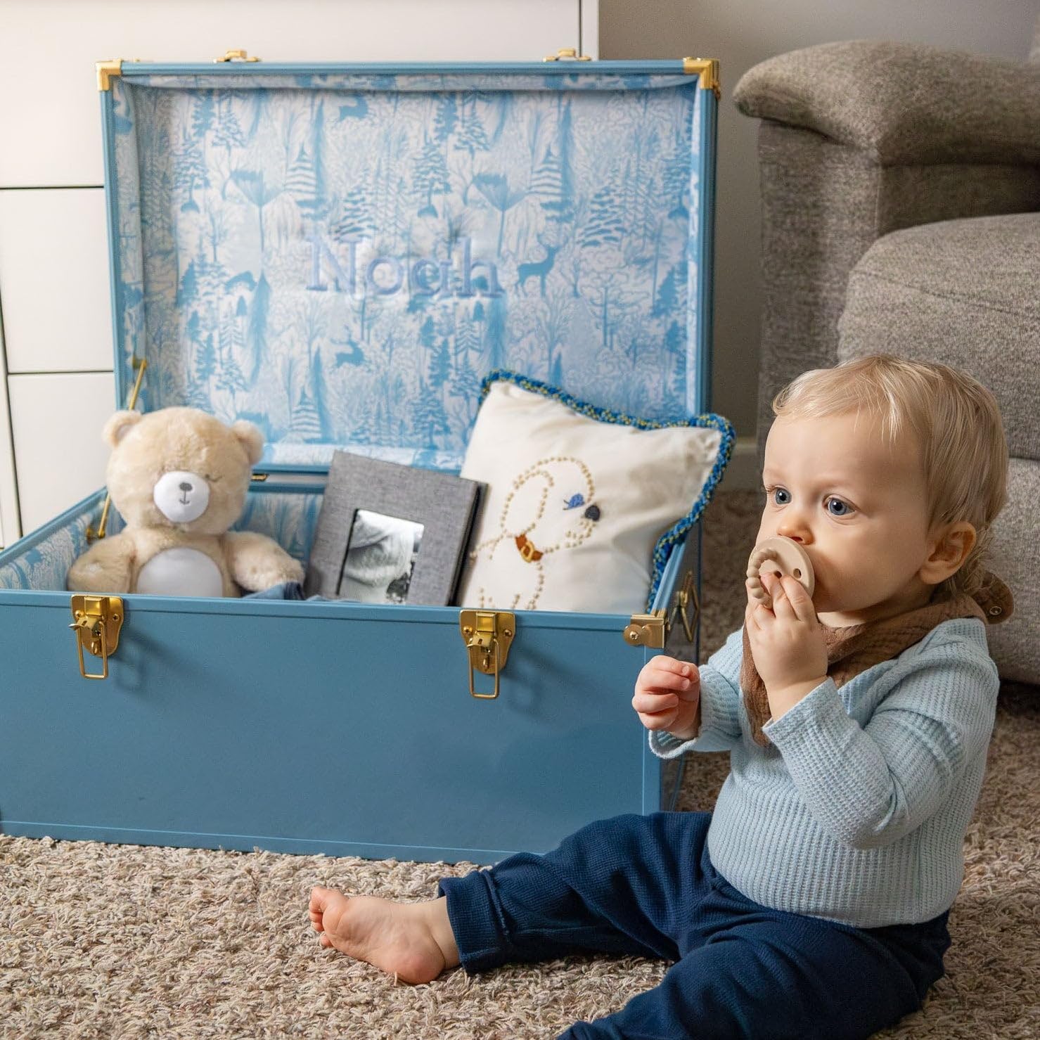 Momento Baby Keepsake Trunk | Personalized Heirloom Memory Box | Handcrafted in USA | Metal & Plywood Construction | Standard Size 20" (Green/Bunnies & Houses)