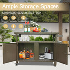 52" Anti-Rust Metal Garden Table for Planting, Planter Bench with Layered Shelves, Outdoor Storage Cabinets with Flexible Wheels for Patio Cooking and Gardening, Brown