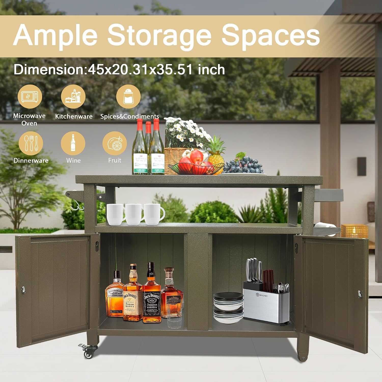 52" Anti-Rust Metal Garden Table for Planting, Planter Bench with Layered Shelves, Outdoor Storage Cabinets with Flexible Wheels for Patio Cooking and Gardening, Brown