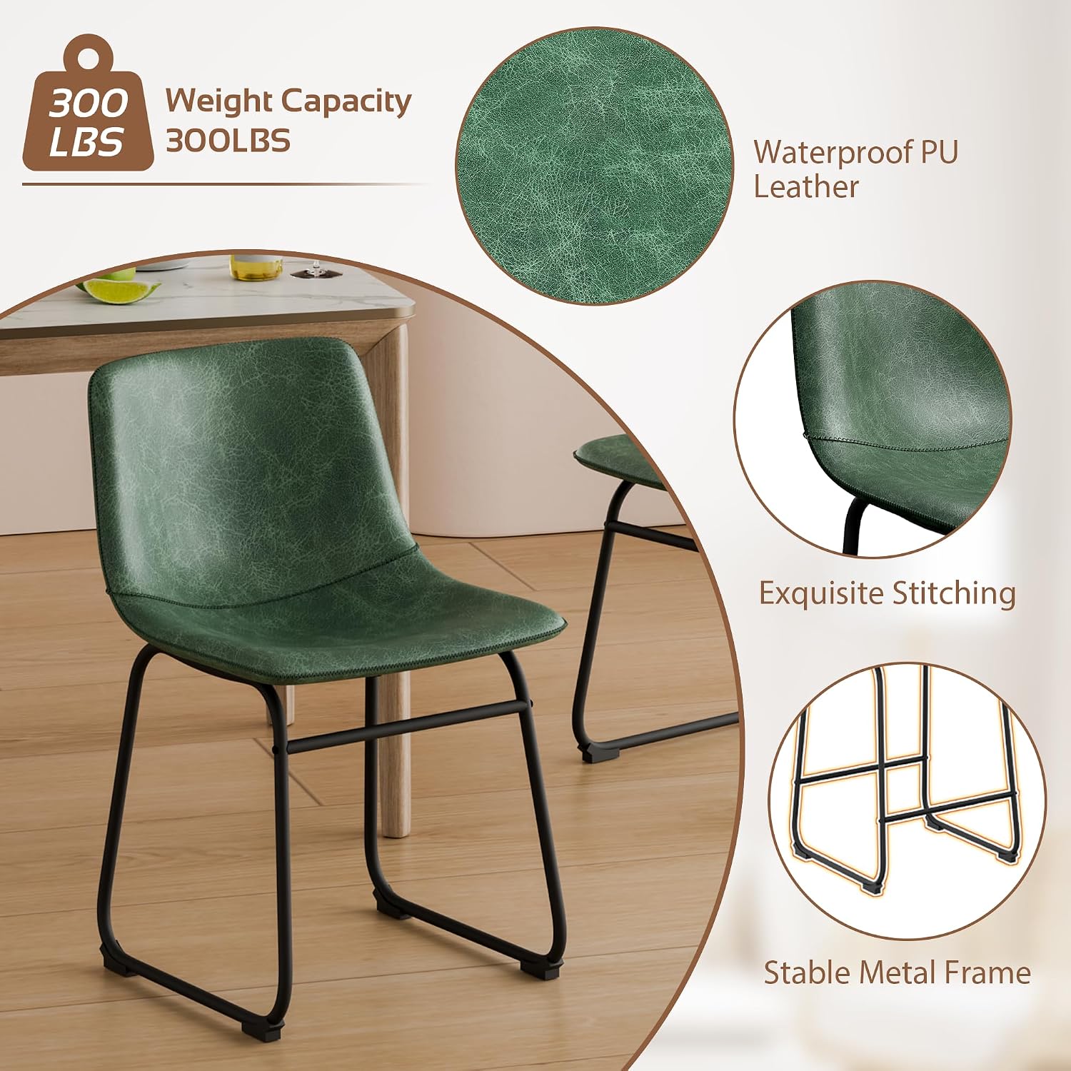 YaFiti 18 Inch Dining Chairs Set of 4, Modern Upholstered Dining Room Chairs with PU Leather Cushions and Metal Legs, Mid Century Modern Armless Chair and Upholstered Seat, Green