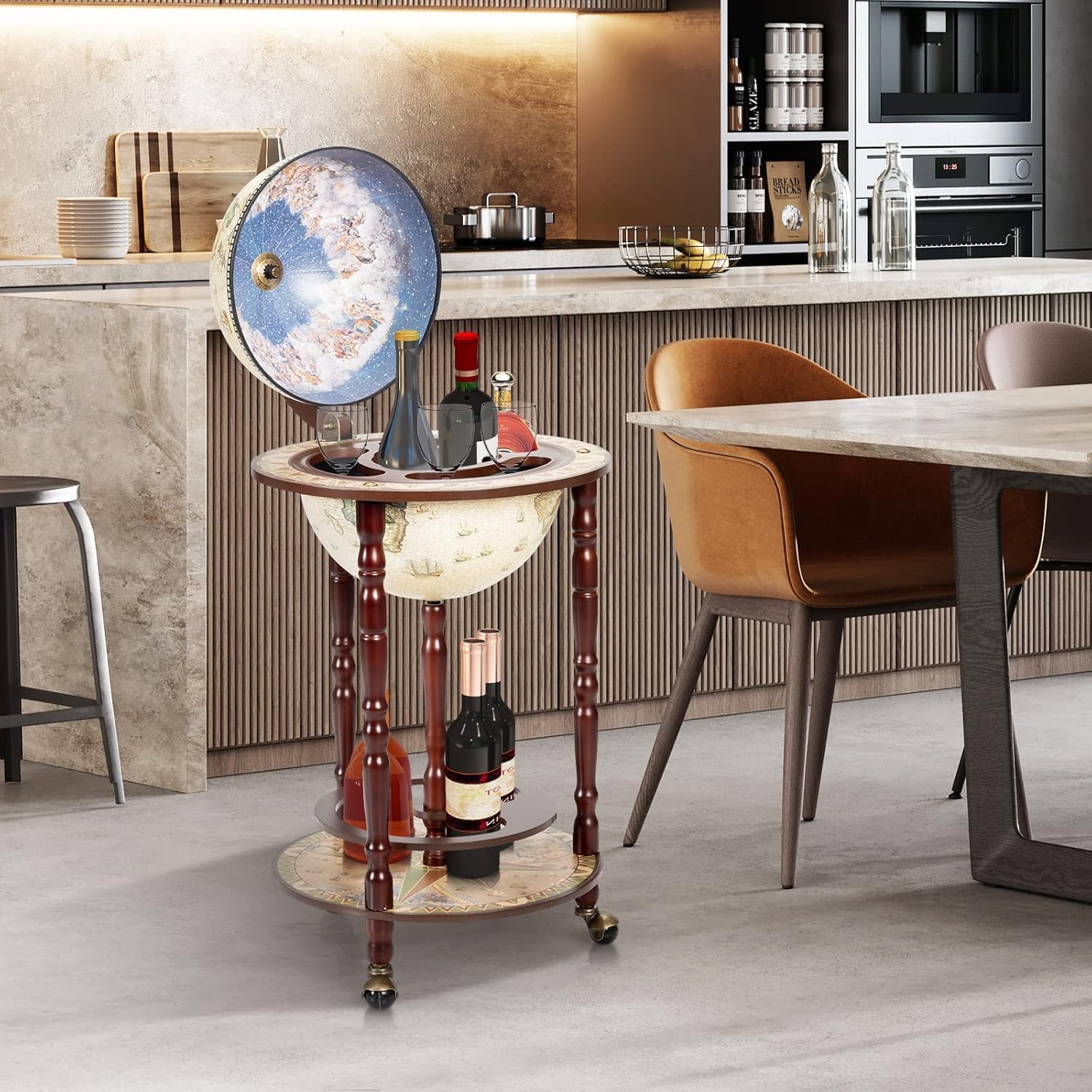 CHEFJOY Globe Bar, Wood Globe Wine Bar Stand, 16th Century Italian Rack Liquor Bottle Shelf, Replica Globe Bar Liquor Cabinet w/Wheels, Globe Bar Cart for Wine Spirits Beverage Stemware(Creamy White)