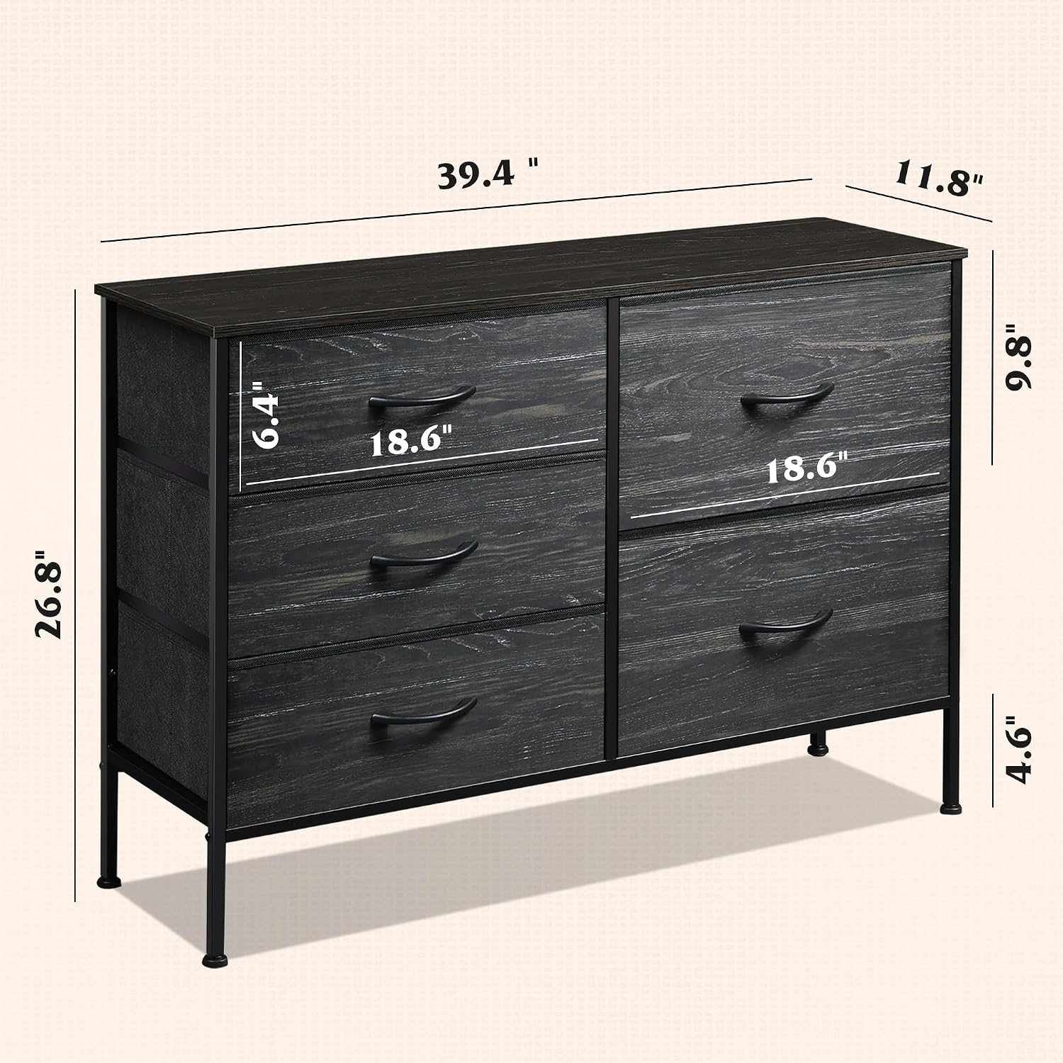 WLIVE Dresser for Bedroom with 5 Drawers, Wide Dressers with Drawer Organizers, Chest of Drawers, Fabric Dresser for Living Room, Closet, Hallway, Charcoal Black Wood Grain Print