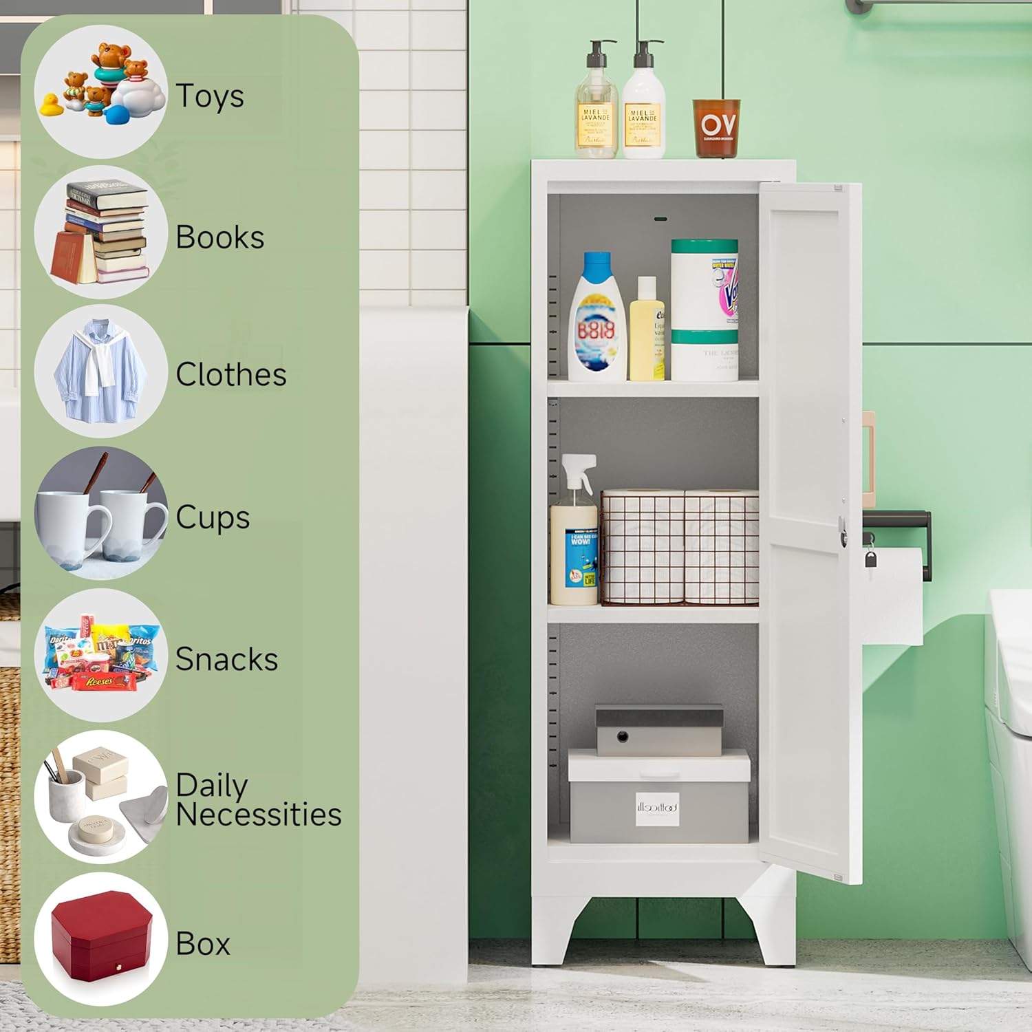 46" Tall Metal Pantry Cabinet, Kitchen Pantry Storage Cabinets with 1 Door and 2 Adjustable Shelves, Small Bathroom Cabinet,Cupboard for Kitchen, Dining Room- Assembly Required/White