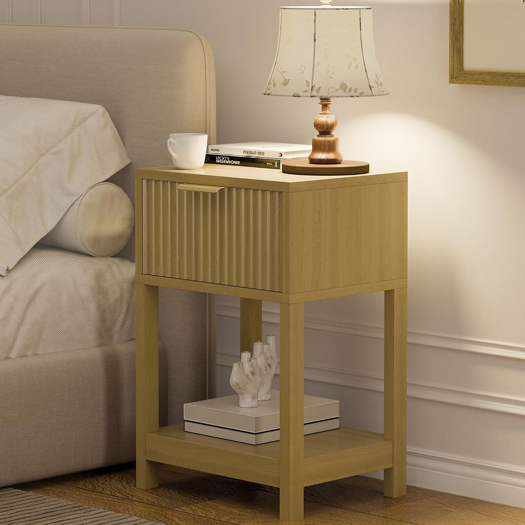 Modern Nightstand, Boho Bedside Table with Drawer and Opening Storage, Mid Century Wood End Table for Living Room Fluted Night Stand with Solid Wood Legs for Bedroom, Oak, 1pc