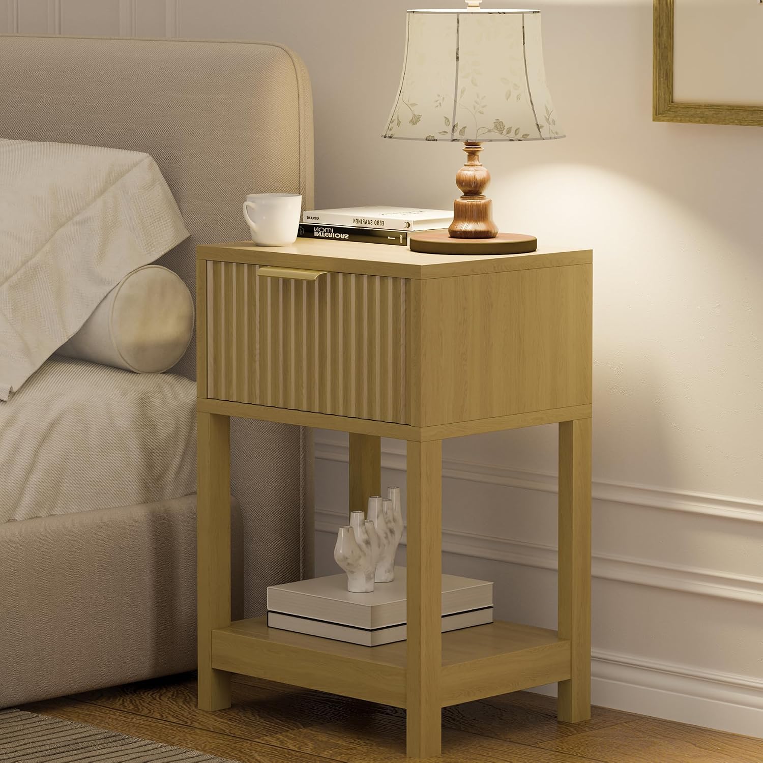 Modern Nightstand, Boho Bedside Table with Drawer and Opening Storage, Mid Century Wood End Table for Living Room Fluted Night Stand with Solid Wood Legs for Bedroom, Oak, 1pc