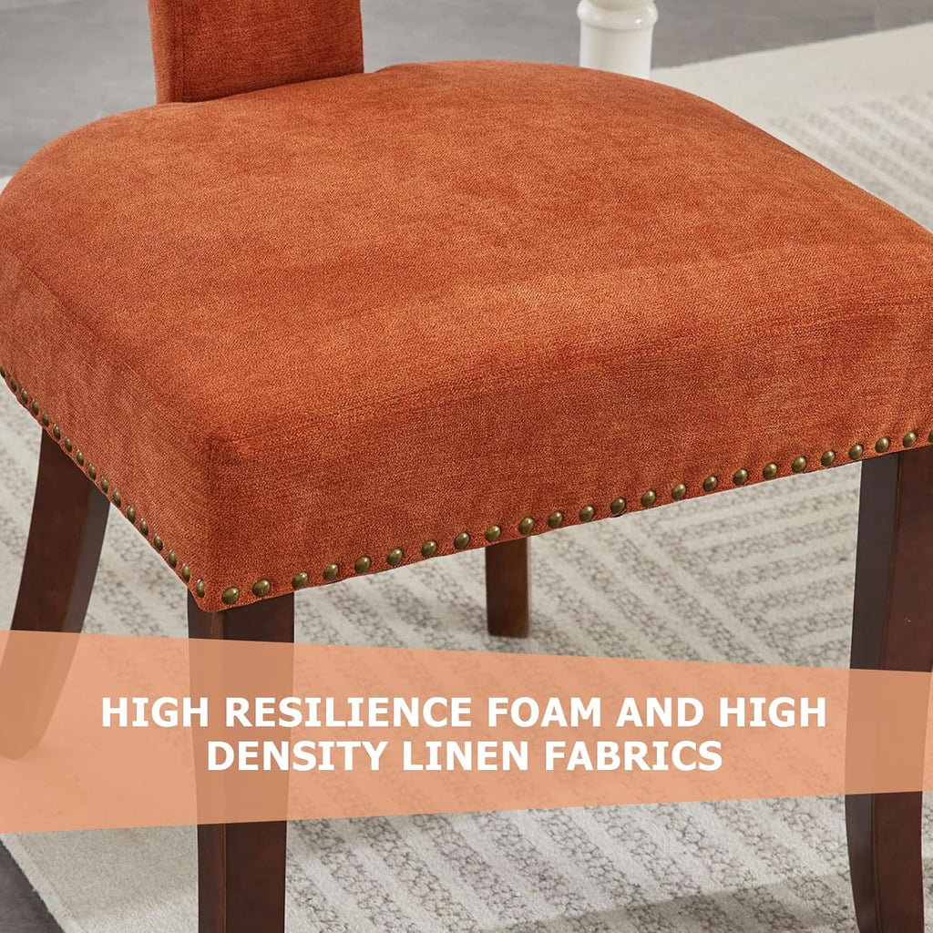 Mid Century Modern Farmhouse Dining Chairs Set of 4, Linen Upholstered with Curved Backrest & Copper Nail Trim, Hardwood Frame, Orange