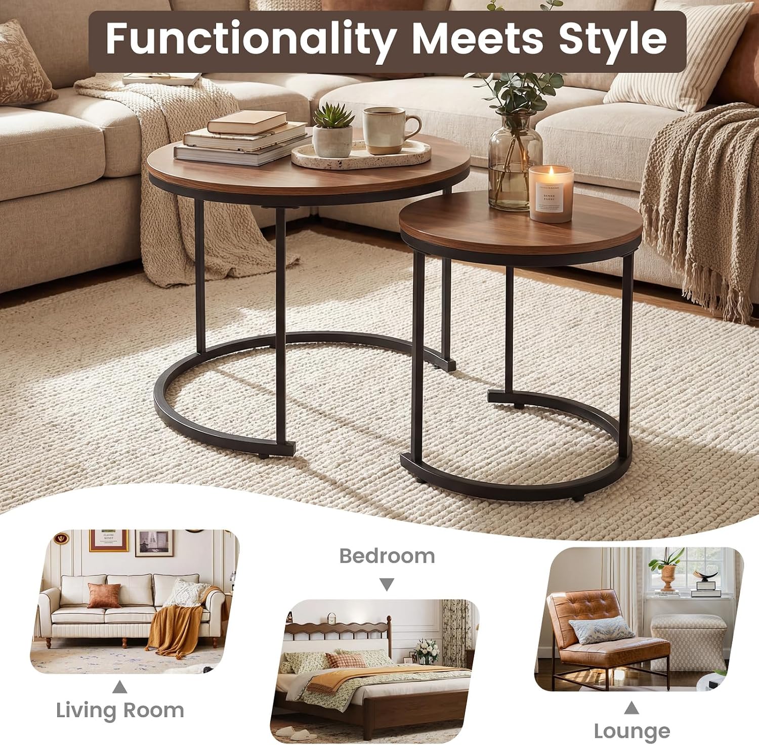 GOFLAME Nesting Coffee Tables Set of 2, Stacking Round Center Table with Wooden Tabletop & Powder Coated Steel Frame, Living Room Coffee End Table Set for Apartment, Bedroom (Brown & Black)