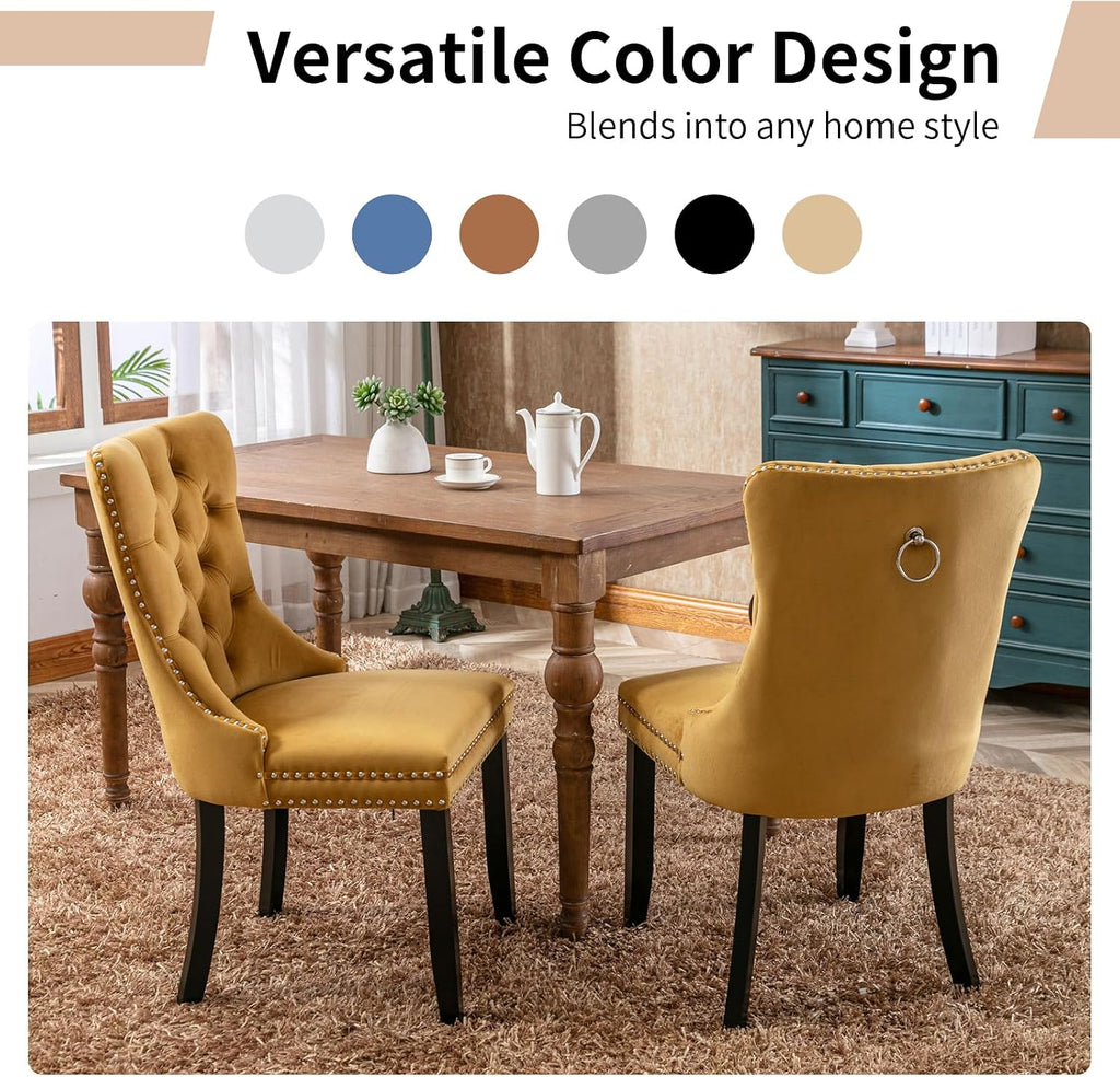 Modern Dining Chairs Set of 4, Tufted Upholstered Dining Chair with Solid Wood Legs, Yellow Velvet Accent Chair, Sillas de Comedor, 4 Dining Chairs (Gold, Velvet, 4Pcs)