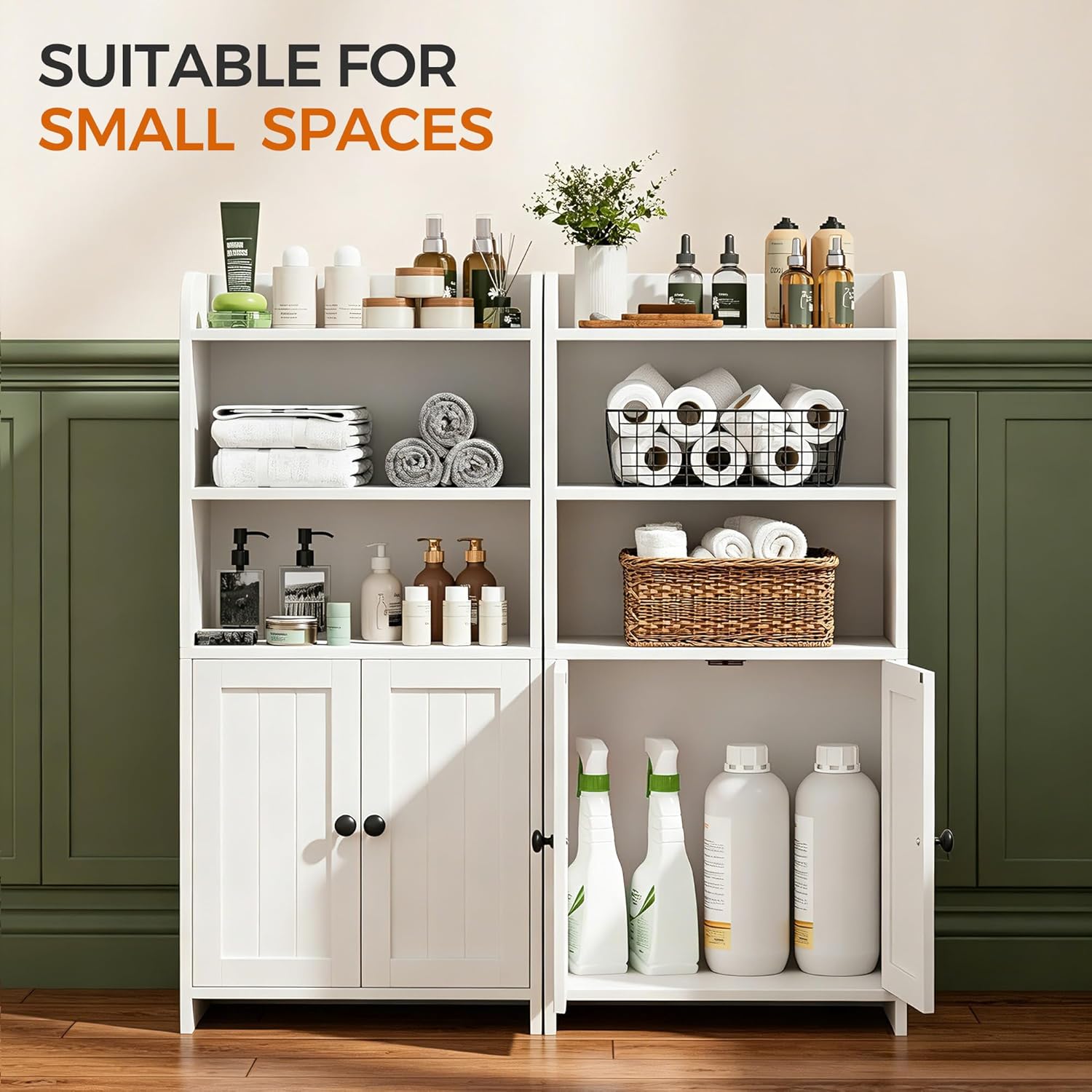 Small Bathroom Storage Cabinet, Freestanding Bathroom Cabinet and Organizer with Shelves, Small Cabinet with Doors for Bathroom, Laundry Room, 7.9" D x 14.6" W x 31" H, White
