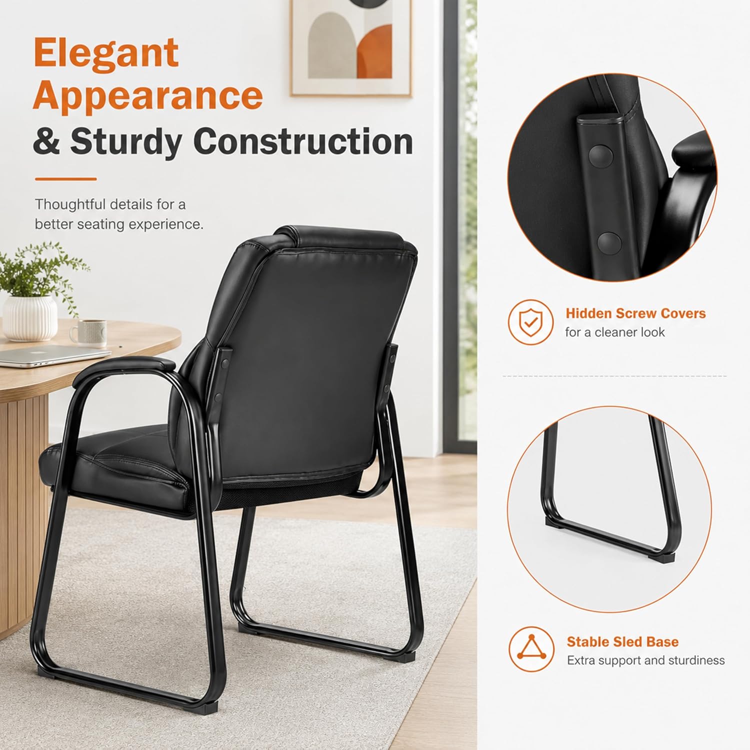 Simple Deluxe 2pcs Leather Guest Chairs with Padded Arms & Sled Base, Single Wheelless Stationary Lounge Seat, Ideal for Conference, Reception, Lobby, Home Office and Bedrooms, Black