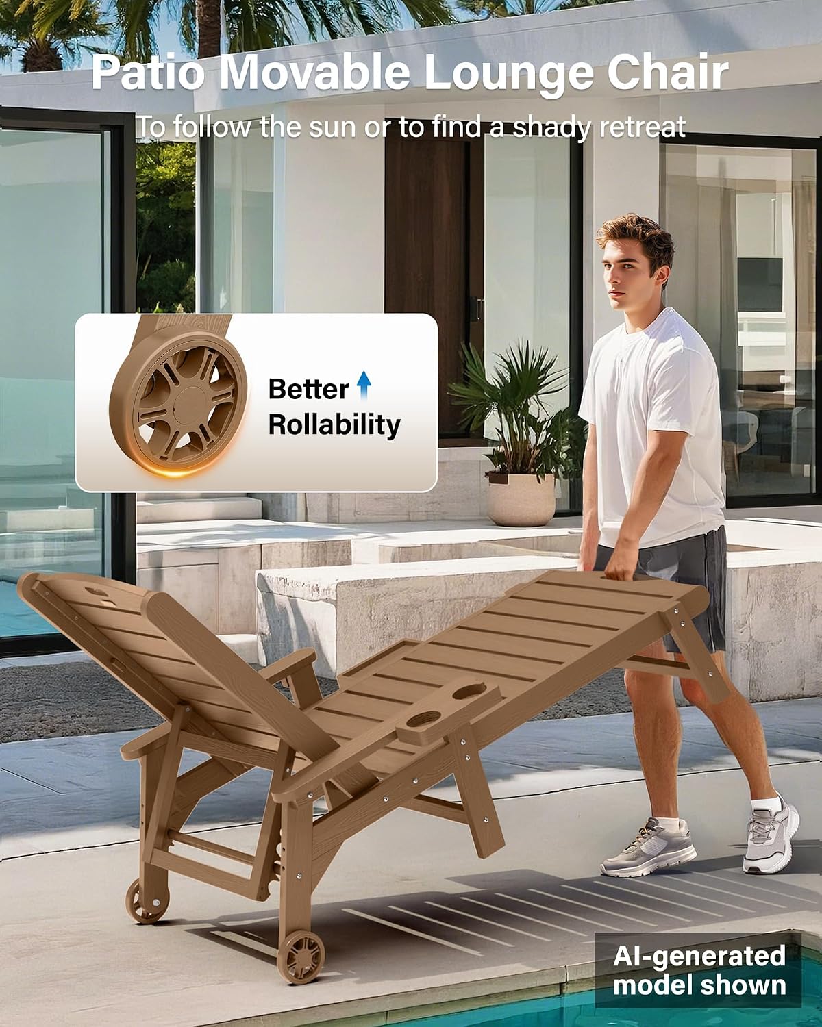 YEFU Chaise Lounge Chairs Set of 2 Outdoor,Pool Lounge Chair with Adjustable Backrest,All Weather Patio Lounge Chair with Cup Holder&Armrest,for Outside,Beach,Deck,Heavy Duty,400lbs Capacity(Teak)