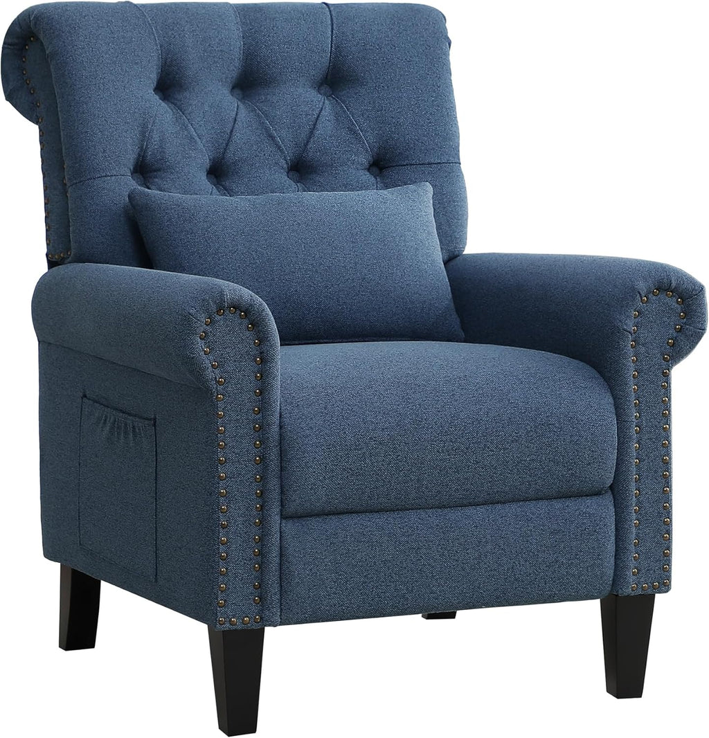 Pushback Recliner Chair, Accent Push Back Chair with Adjustable Footrest, Upholstered Linen Fabric Reclining Sofa with Side Pocket, Comfy Modern Armchair for Living Room, Navy Blue