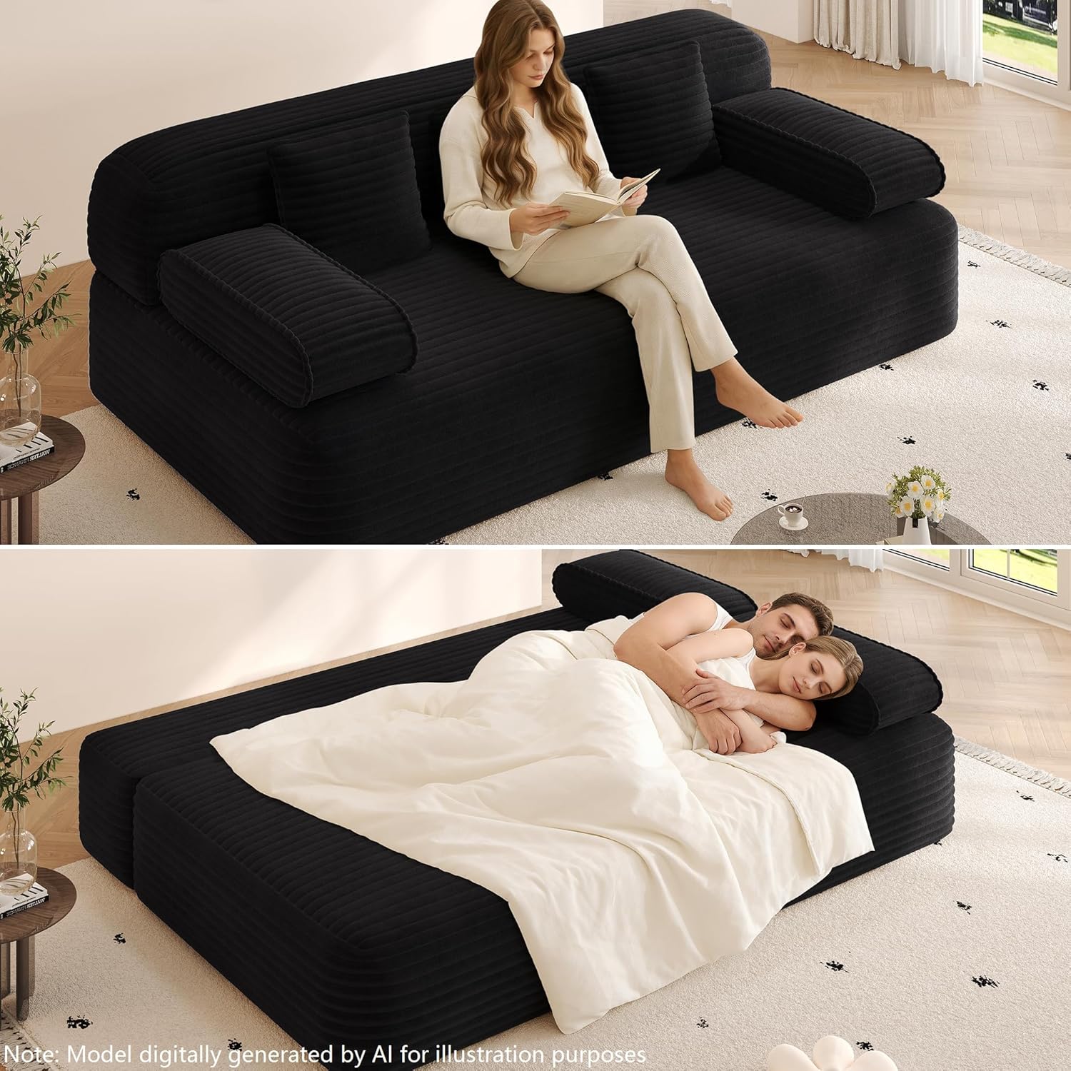78.7'' Boneless Couches Queen, Corduroy Futon Sofa Bed, Modern Floor Couch, Cloud Convertible Sleeper Sofa Daybed, Comfy Loveseat, 3 Pillows, for Small Spaces, Living Room, Apartment, Black
