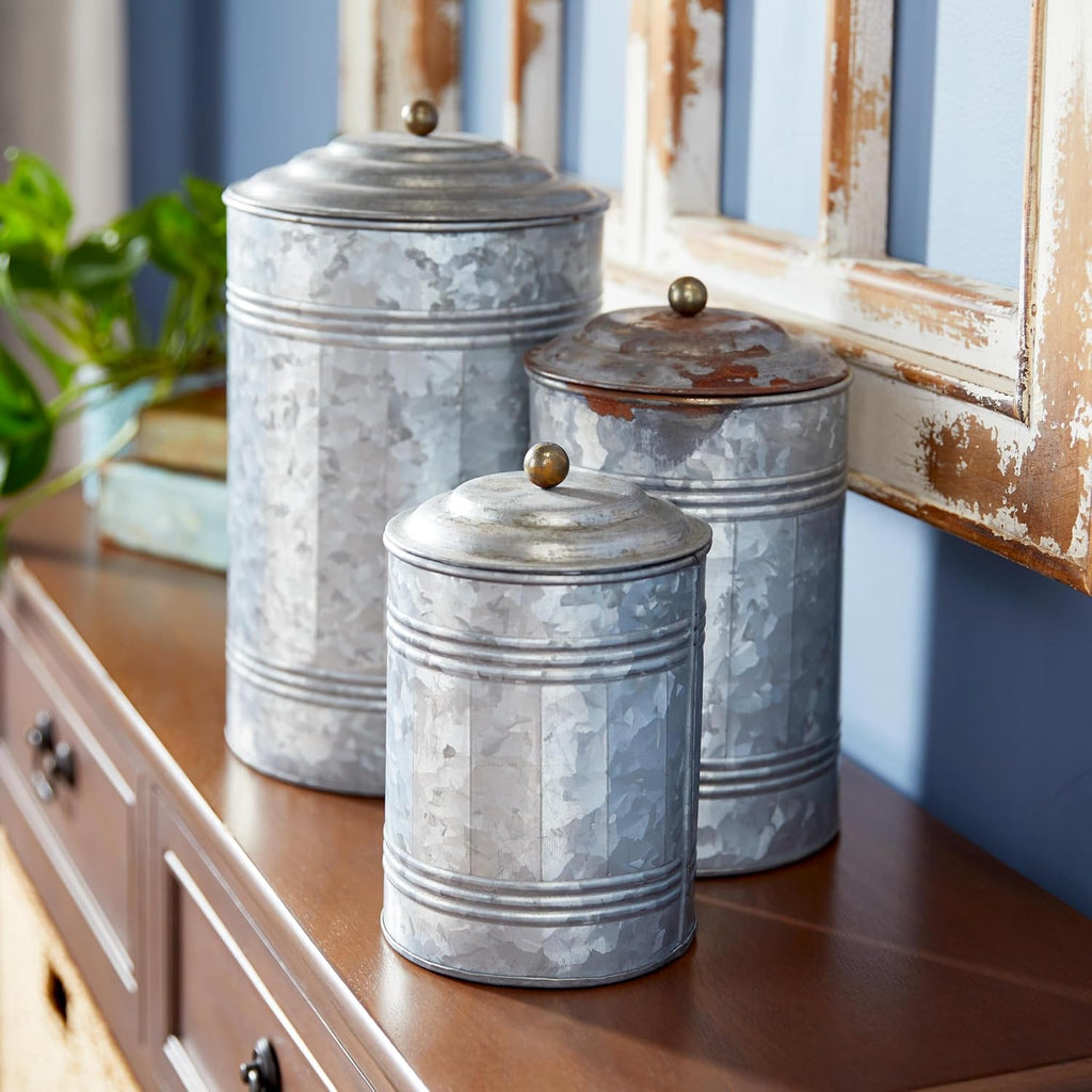 Deco 79 Metal Living Room Decorative Jars Galvanized Ribbed Decorative Container with Gold Ball Knobs, Set of 3 Jar with Lid 12", 9", 8"H, Gray