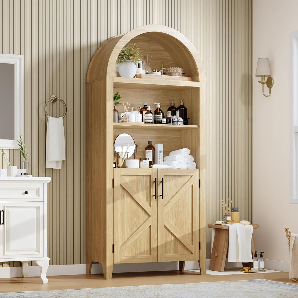 IDEALHOUSE Arched Kitchen Pantry Cabinet with Doors, 5-Tier Wooden Display Cabinet with Adjustable Shelf, Farmhouse Storage Organizer for Kitchen, Dining Room, Living Room, Home Office, Natural