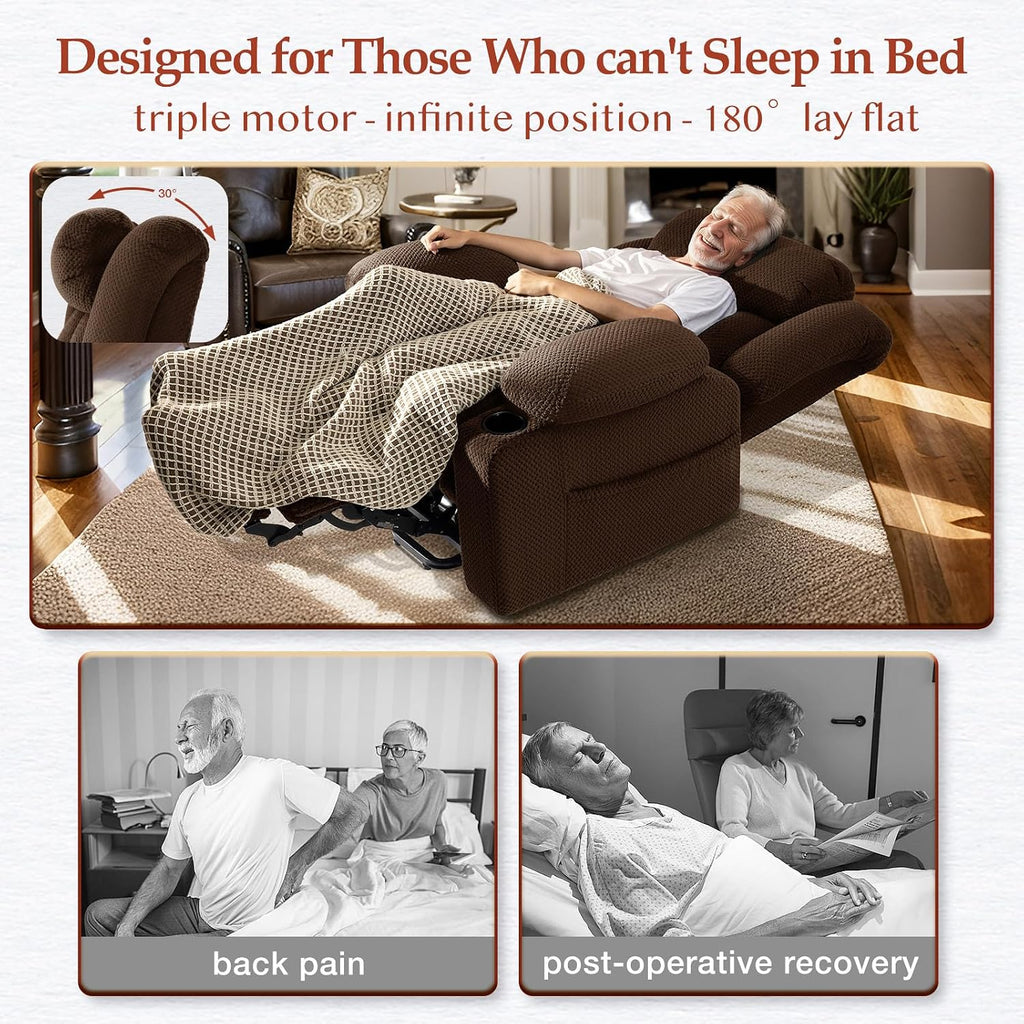 3 Motor Large-Wide Lift Chair, Infinite Position, 180° Lay Flat, Power Lift Chairs Recliners for Elderly Big and Tall, Massage & Heat, Extended Footrest (Dark Brown, Large Wide)