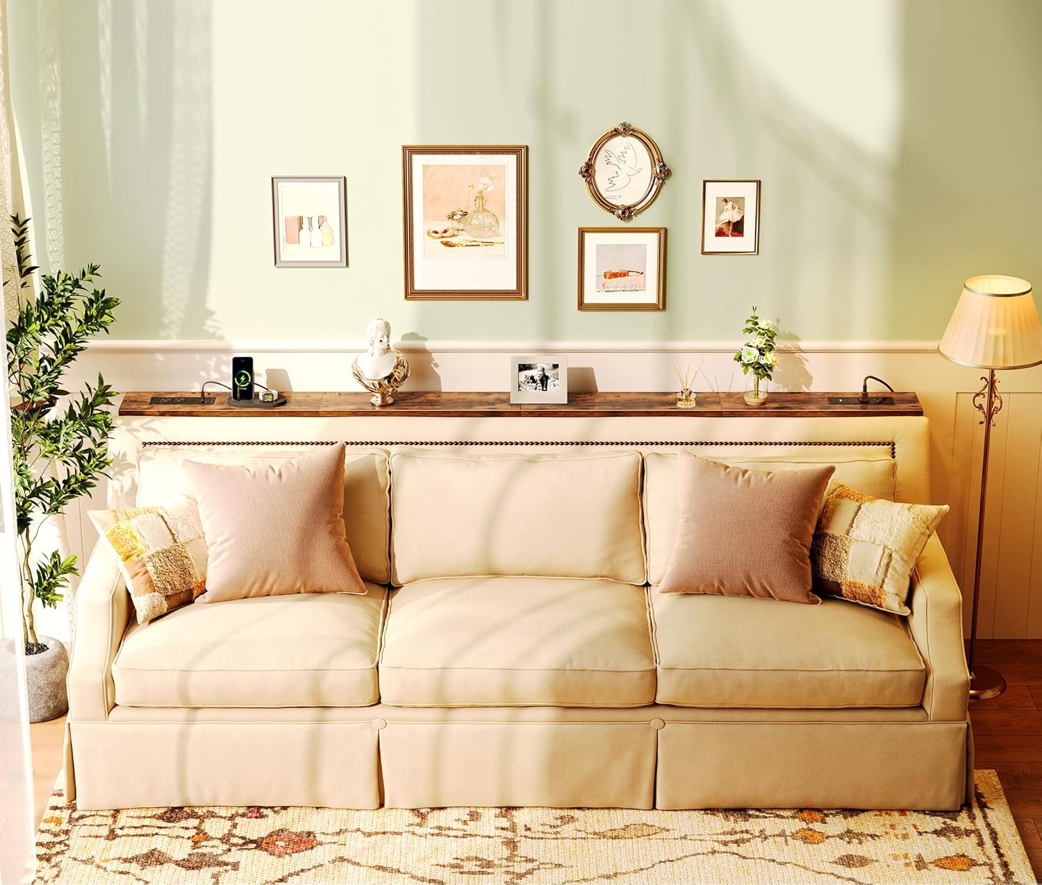 SUPERJARE 86.6 inch Narrow Console Table with Outlet, Sofa Tables, Behind Couch Table, Long Entryway Tables with Charging Station, for Living Room, Rustic Brown