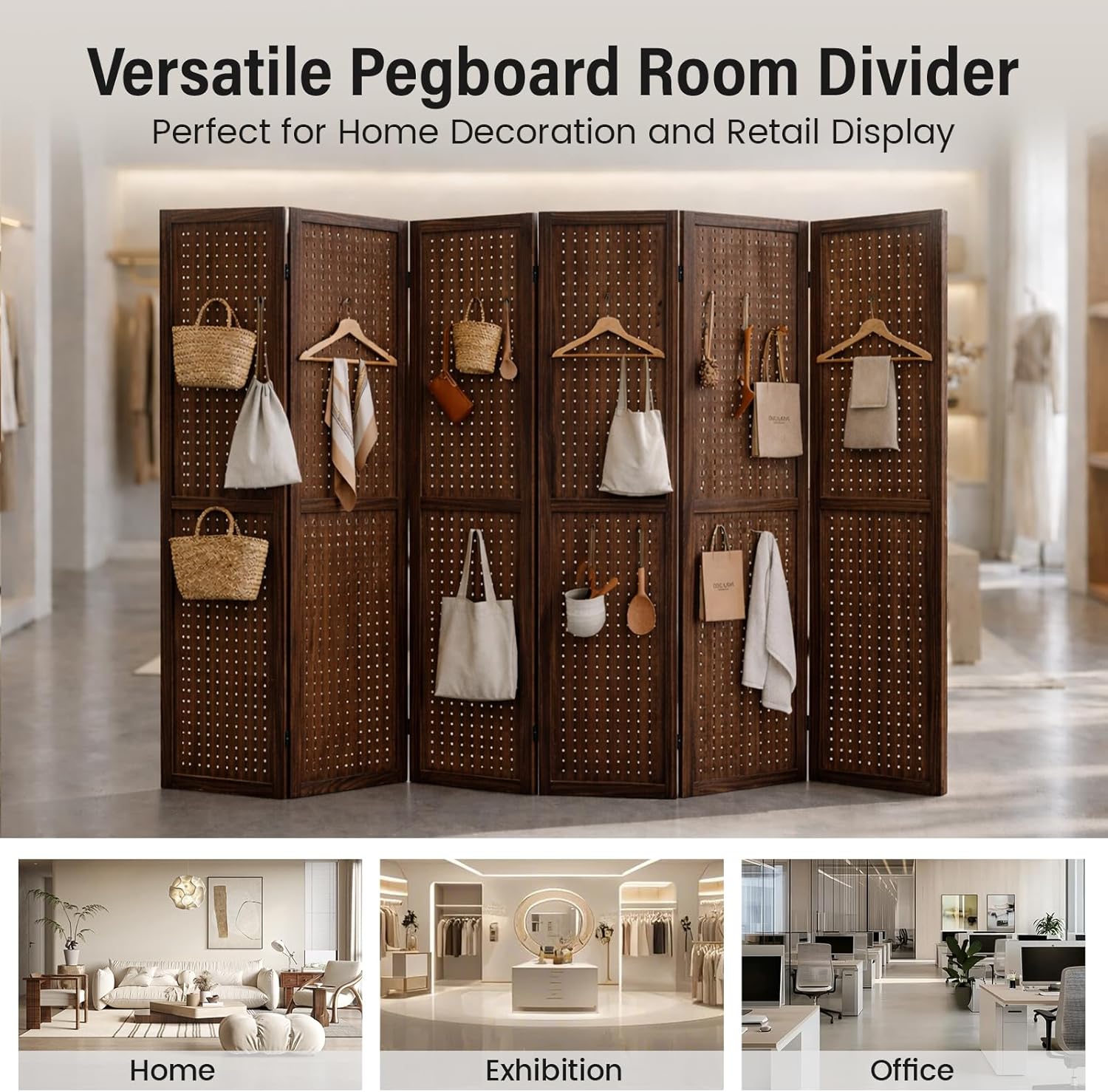 6 Panel Pegboard Room Divider, 5.6 Ft Folding Privacy Screen, Freestanding Wooden Display Board Organizer for Craft Show, Jewelry Display, Bedroom, Office, Brown