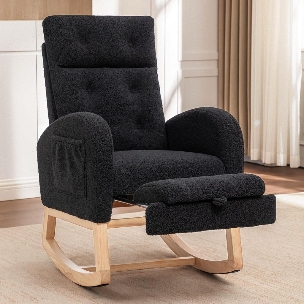MINCETA Nursery Rocking Chair with Retractable Footrest, Teddy Fabric Upholstered Glider Rocker with High Backrest, Modern Accent Chair with Solid Wood Legs for Baby Room Living Room, Black