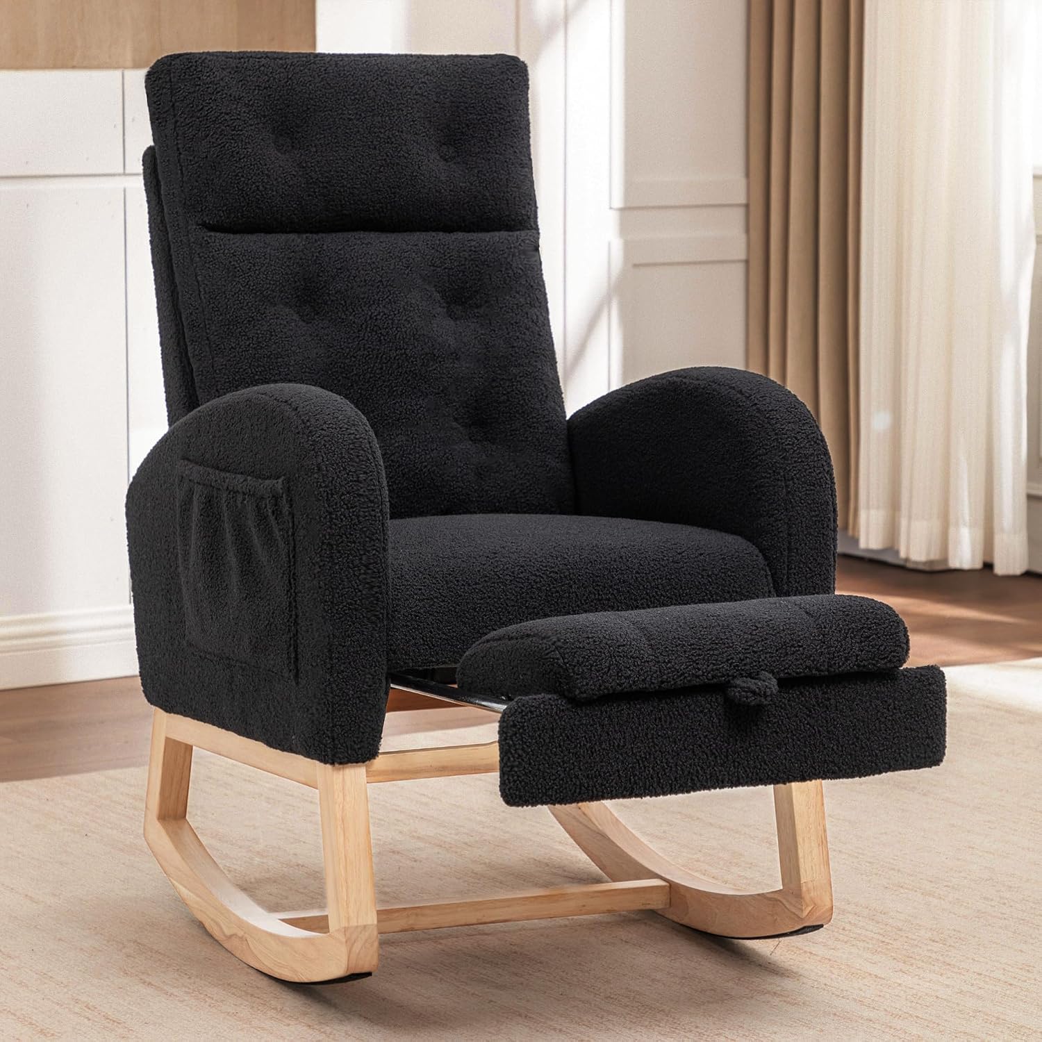 MINCETA Nursery Rocking Chair with Retractable Footrest, Teddy Fabric Upholstered Glider Rocker with High Backrest, Modern Accent Chair with Solid Wood Legs for Baby Room Living Room, Black