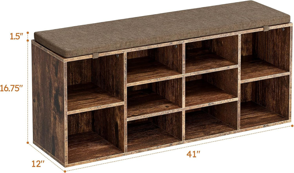 Shoe Storage Bench, 41" Entryway Organizer with Cushion, Brown | 10 compartments, heavy duty engineered wood, removable cushion, spacious family entryway organizer