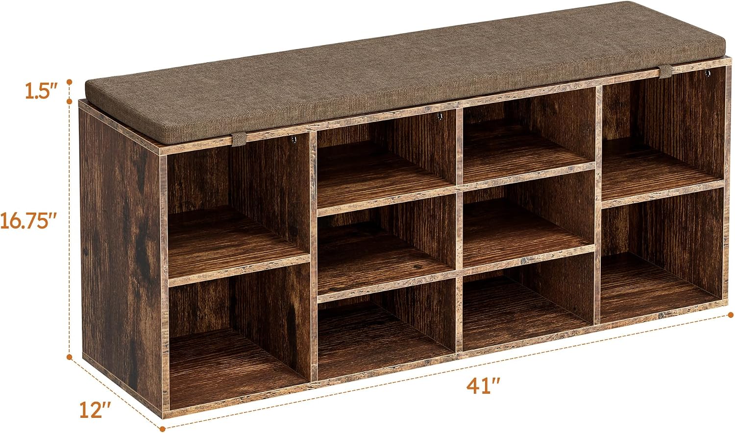 Shoe Storage Bench, 41" Entryway Organizer with Cushion, Brown | 10 compartments, heavy duty engineered wood, removable cushion, spacious family entryway organizer