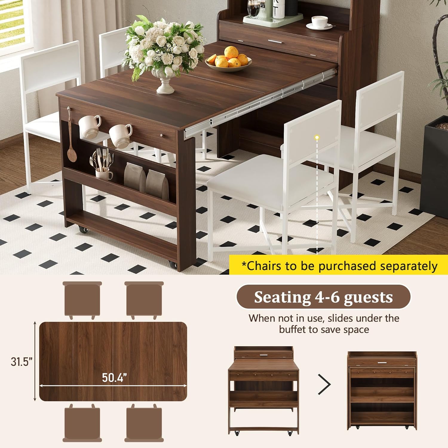 roomfitters 69" Kitchen Pantry Organizers and Storage Kitchen Cabinet with Extendable Dining Table and Coffee Bar, Walnut