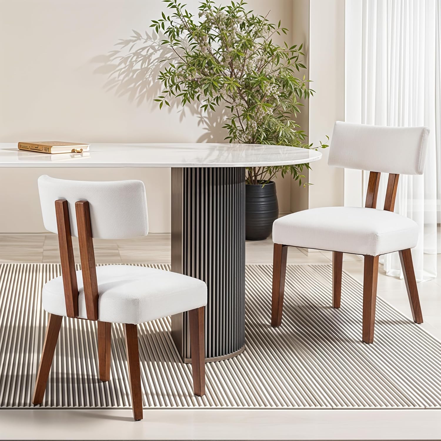 MOJAY Dining Chairs Set of 4, Mid Century Modern Kitchen Chair Linen Fabric Side Chairs with Curved Backrest for Kitchen, Dining Room, Restaurant, or Patio, Off-White