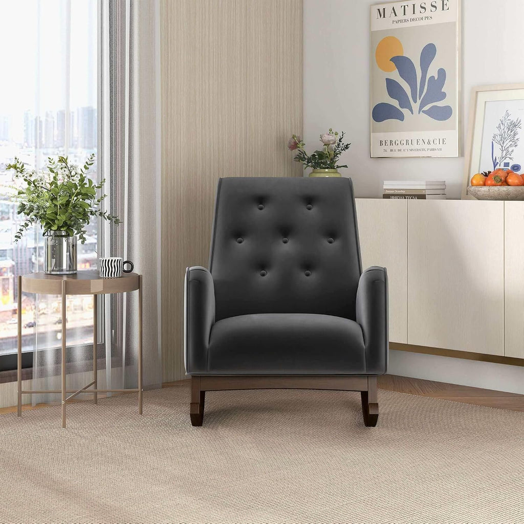 Rocking Chair, Nursery Chair, Stain Dark Grey Fabric Glider Chair, Solid Wood Frame Accent Rocker for Living Room, Bedroom, Reading, 300 lb Capacity, 36.6 in H