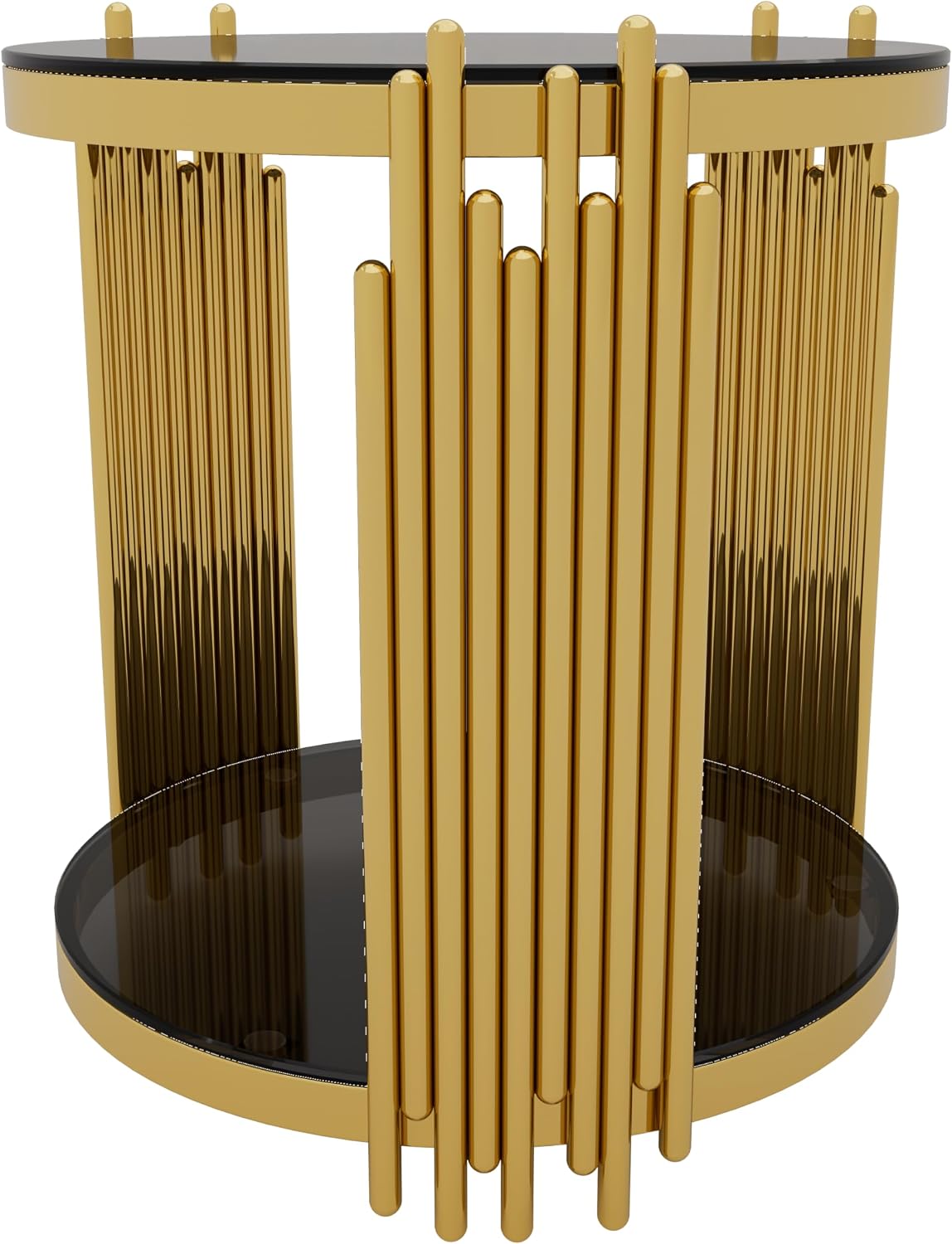 19.8" Round End Table with Gold Finish & Lower Shelf, Modern Black Mirror End Table with Asymmetrical Metal Frame for Living Room (Black,1)